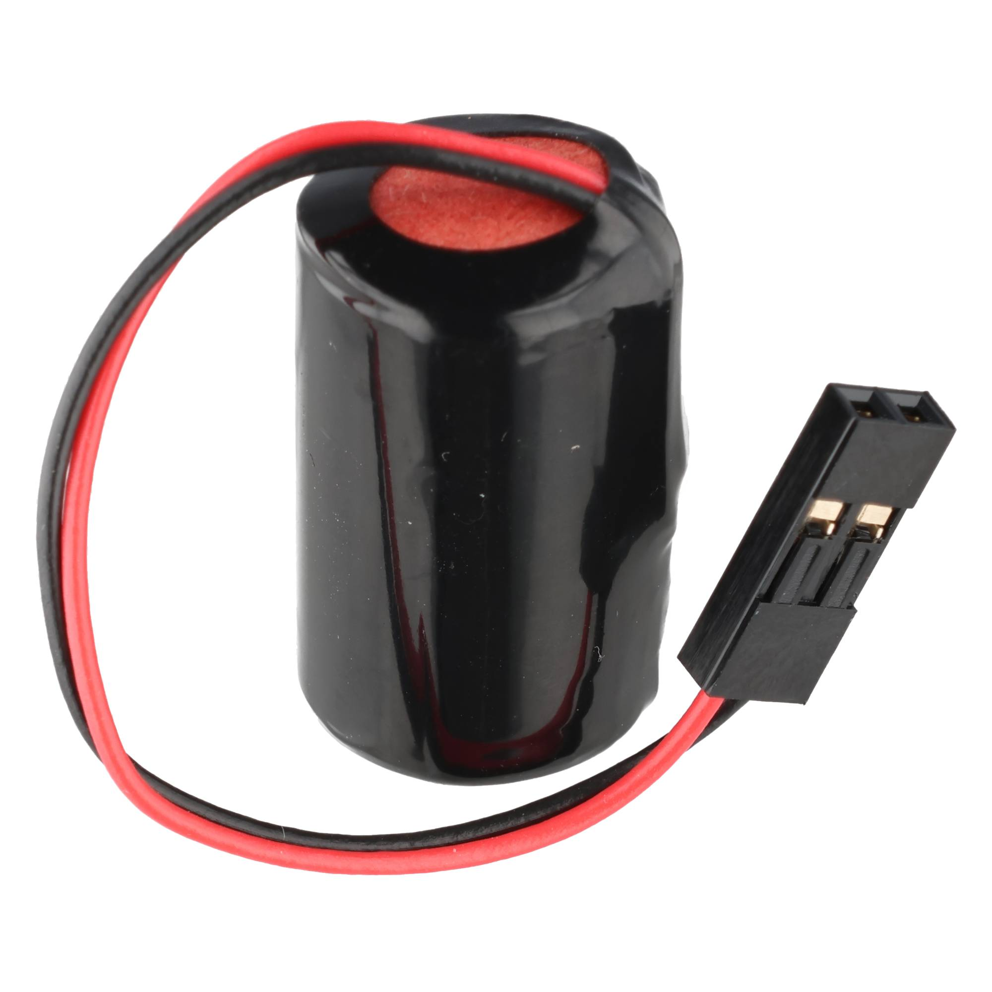 Schwarzer Akku mit rotem Kabel und schwarzem Stecker.