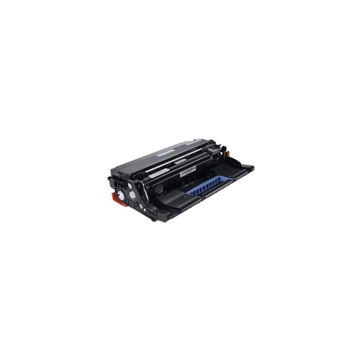 Una cartuccia toner nera con accenti blu poggia su sfondo bianco.