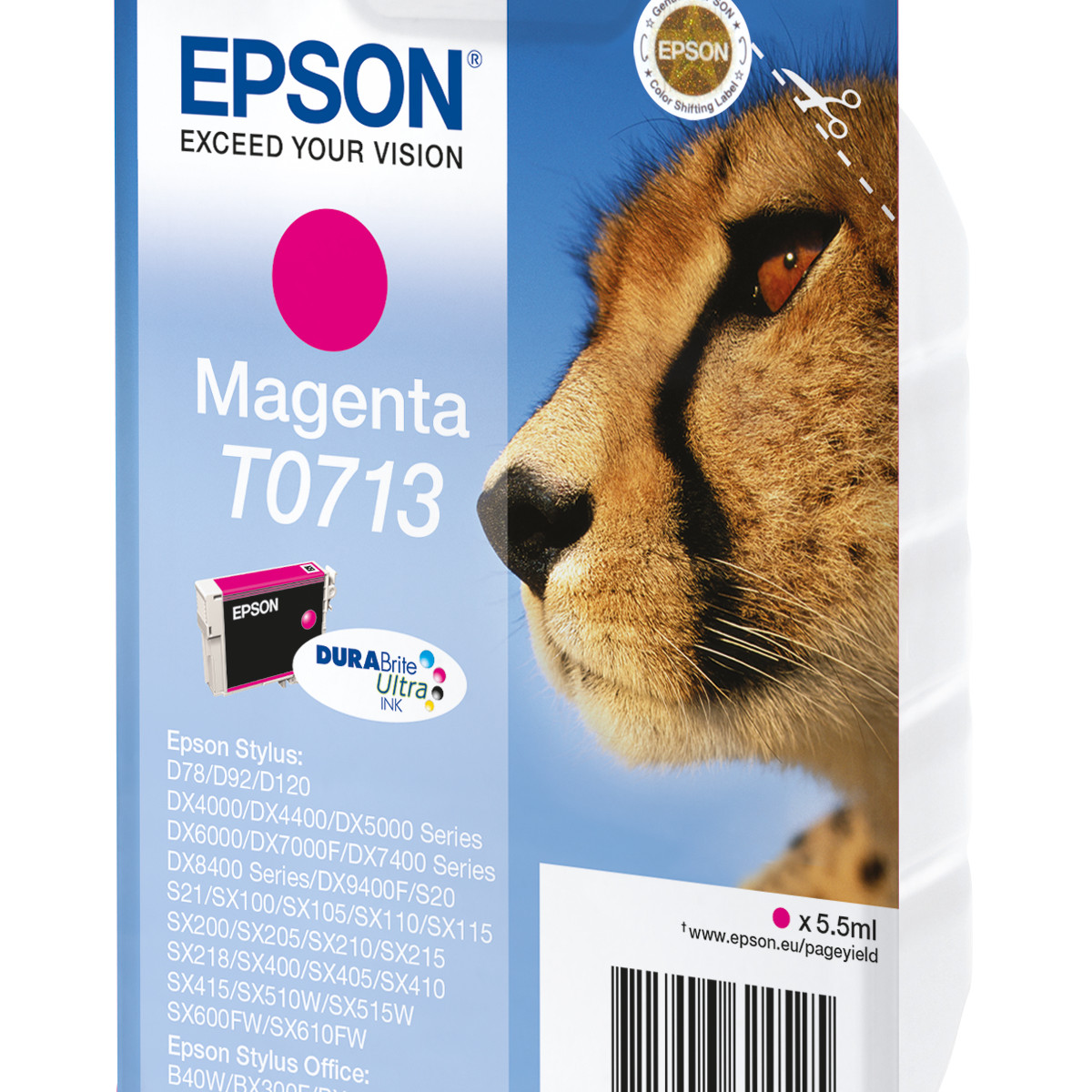 Inchiostro Epson Magenta T0713 con profilo di ghepardo e lista modelli stampante.