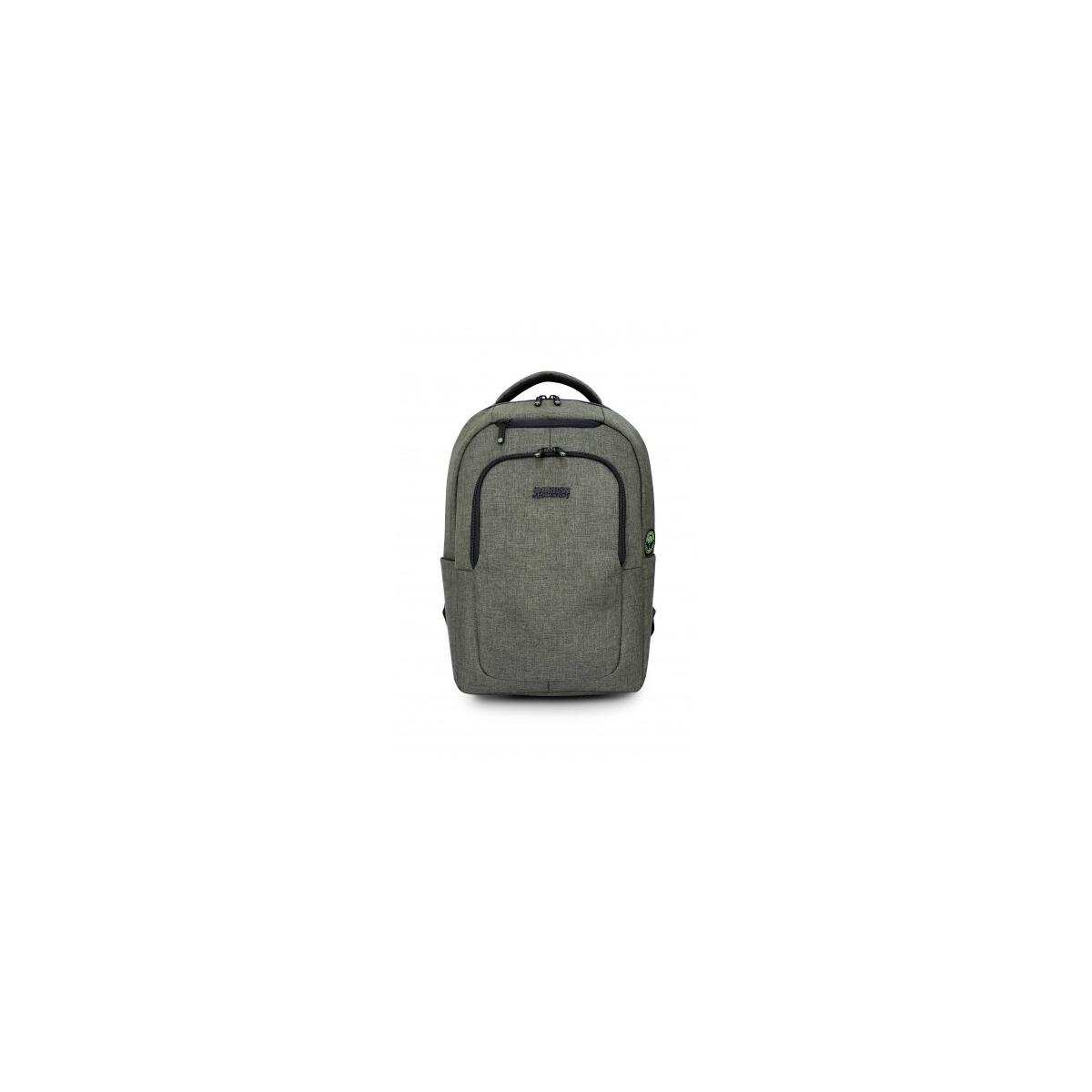 Grauer Rucksack mit schwarzen Reißverschlüssen und einem grünen Logo auf der Seite.