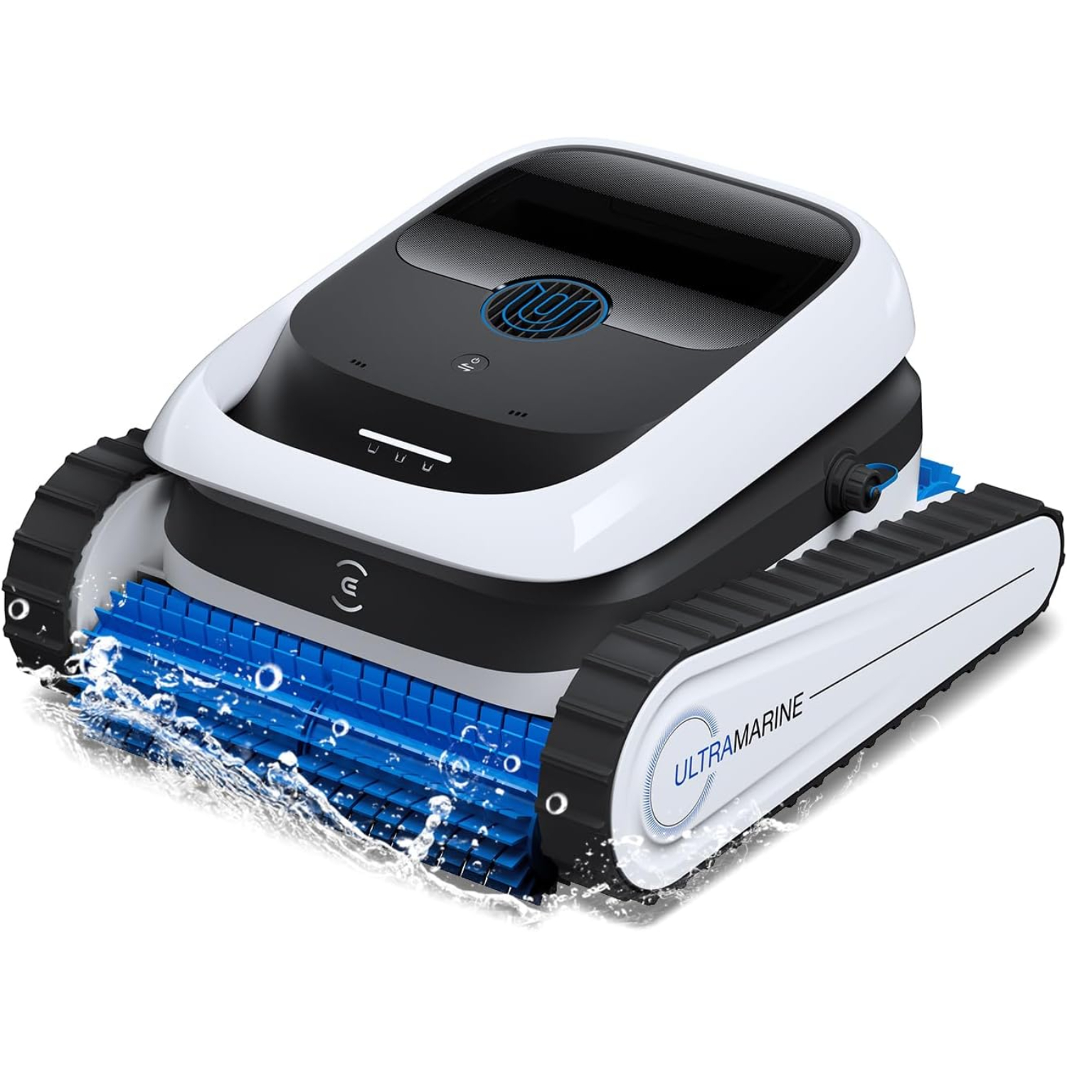 Ein weißer und schwarzer Poolroboter mit blauen Bürsten im Wasser.