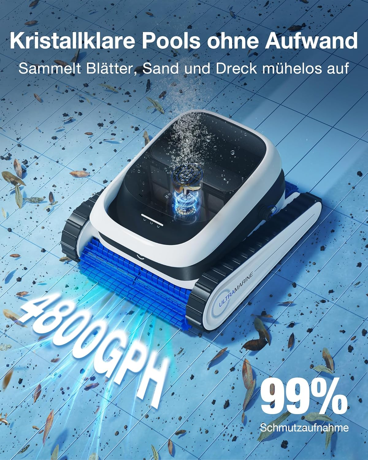 Ein Poolreiniger saugt Blätter und Schmutz auf, zeigt 4800GPH und 99% Schmutzaufnahme.