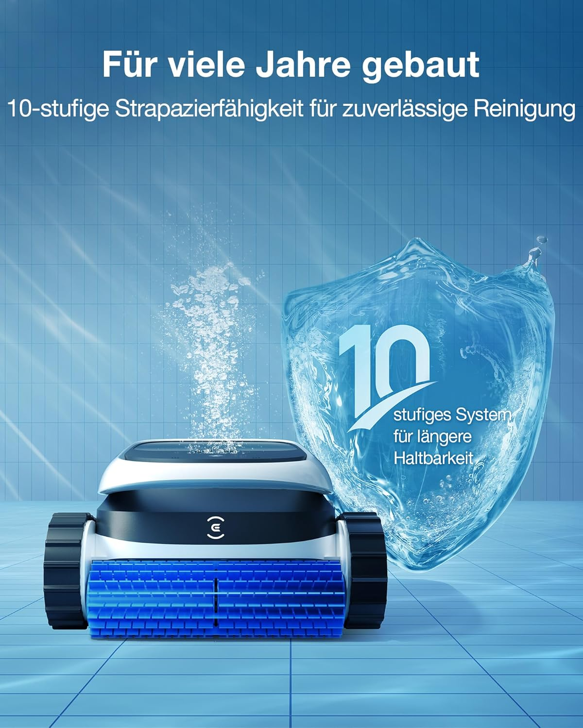 Ein Poolreiniger mit blauer Bürste und einem Wasserschild mit der Zahl 10.