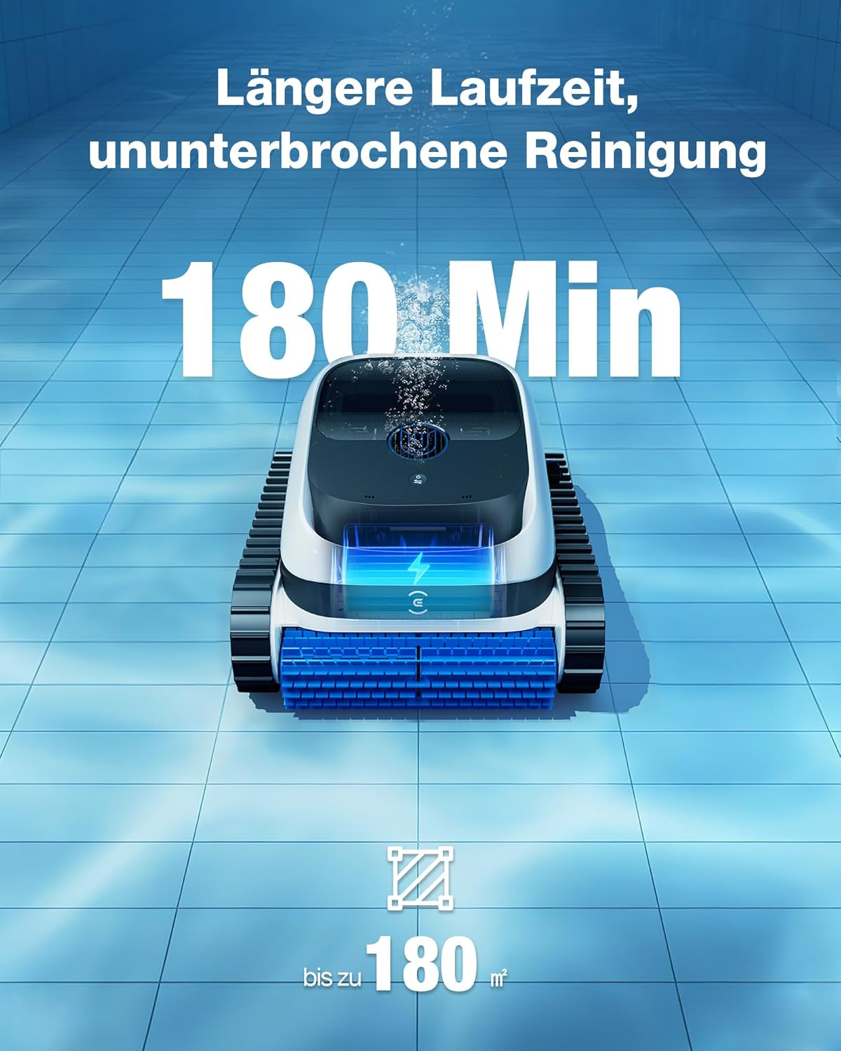 Ein weißer und blauer Poolreiniger mit Rädern und Bürsten auf einem blauen Poolboden.