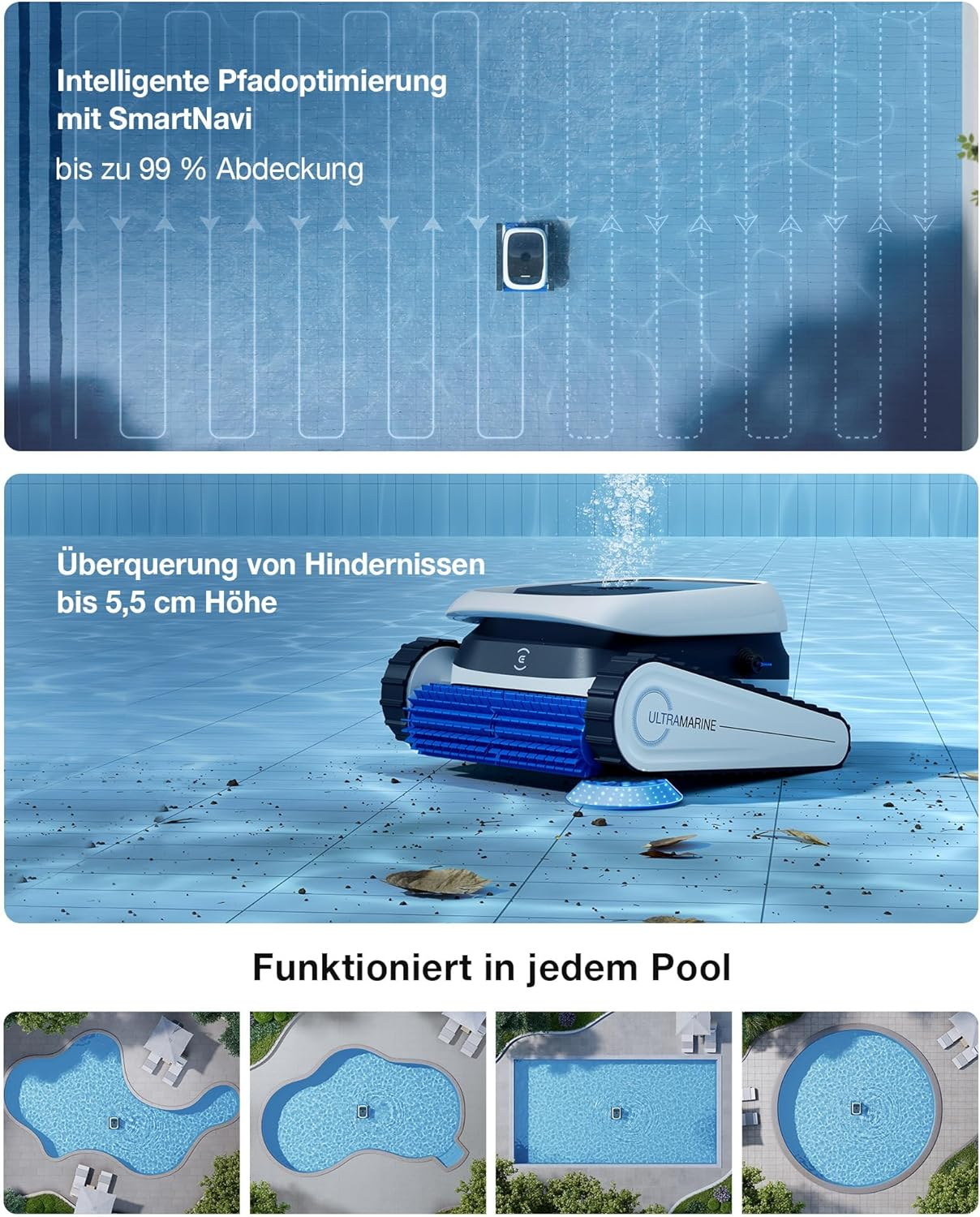 Poolroboter mit intelligenter Pfadoptimierung und Hindernisüberquerung.