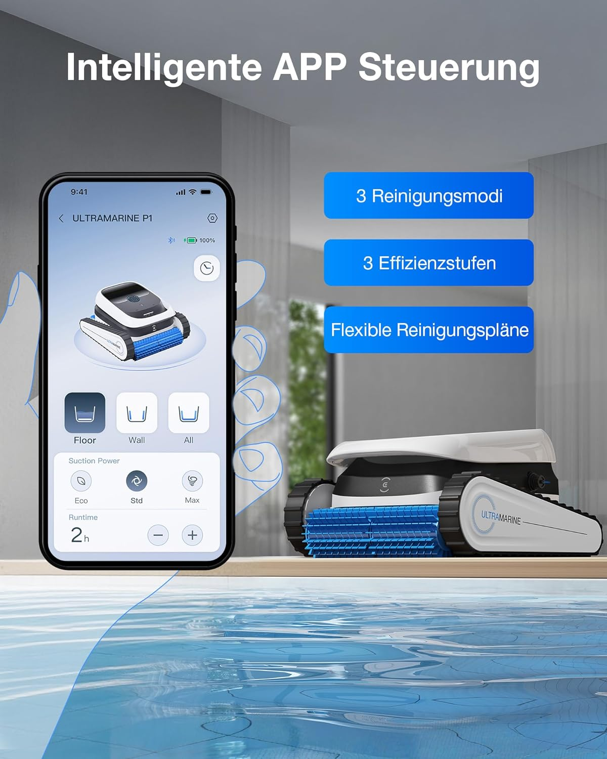 Ein Smartphone zeigt eine Poolreinigungs-App mit einem Roboter, rechts daneben ein Poolreiniger.