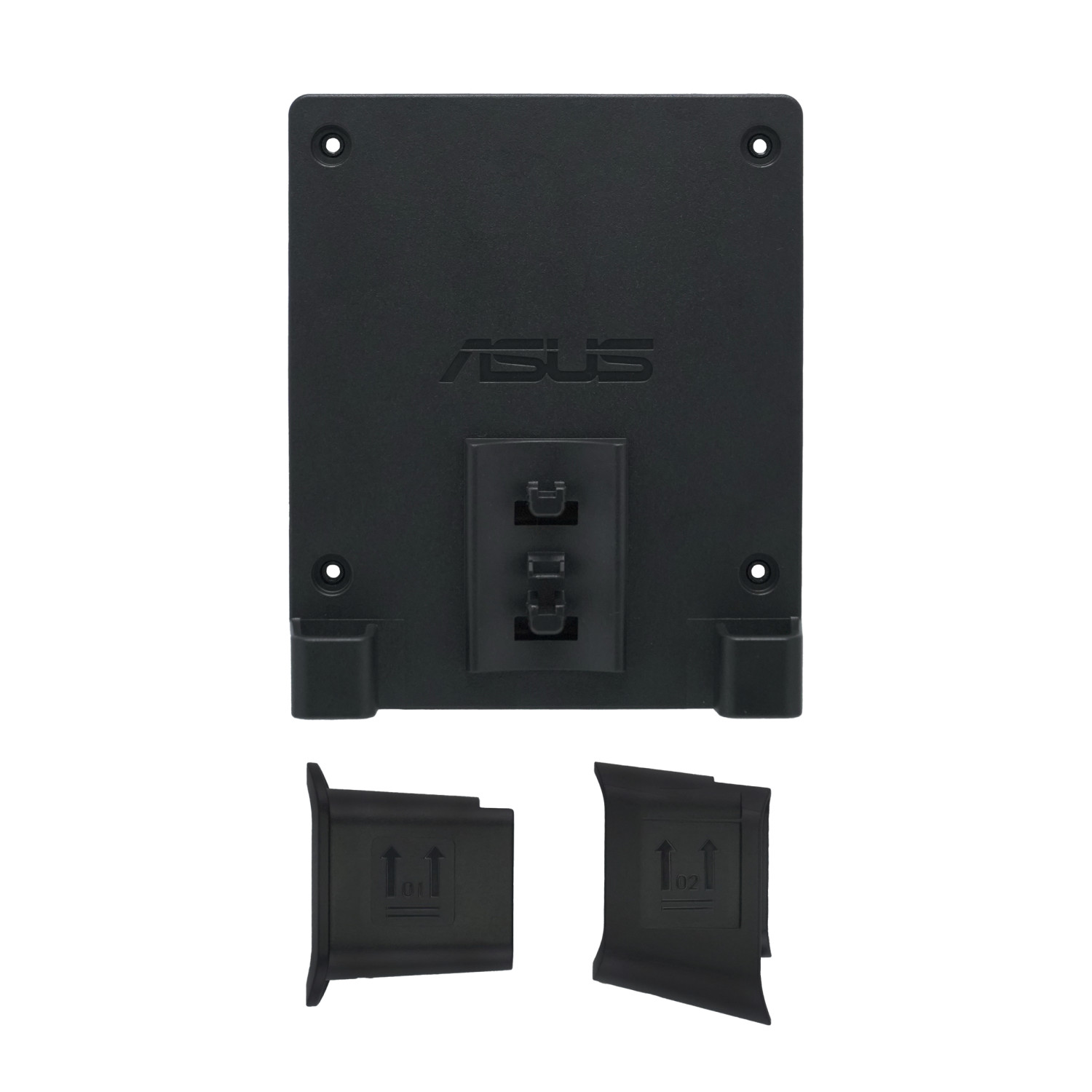 Supporto ASUS nero con due clip separate. Vista ravvicinata.