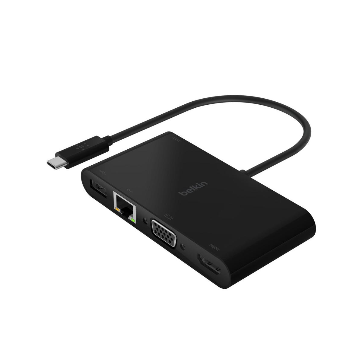 Hub USB-C Belkin nero con porte USB-A, Ethernet, VGA e HDMI.