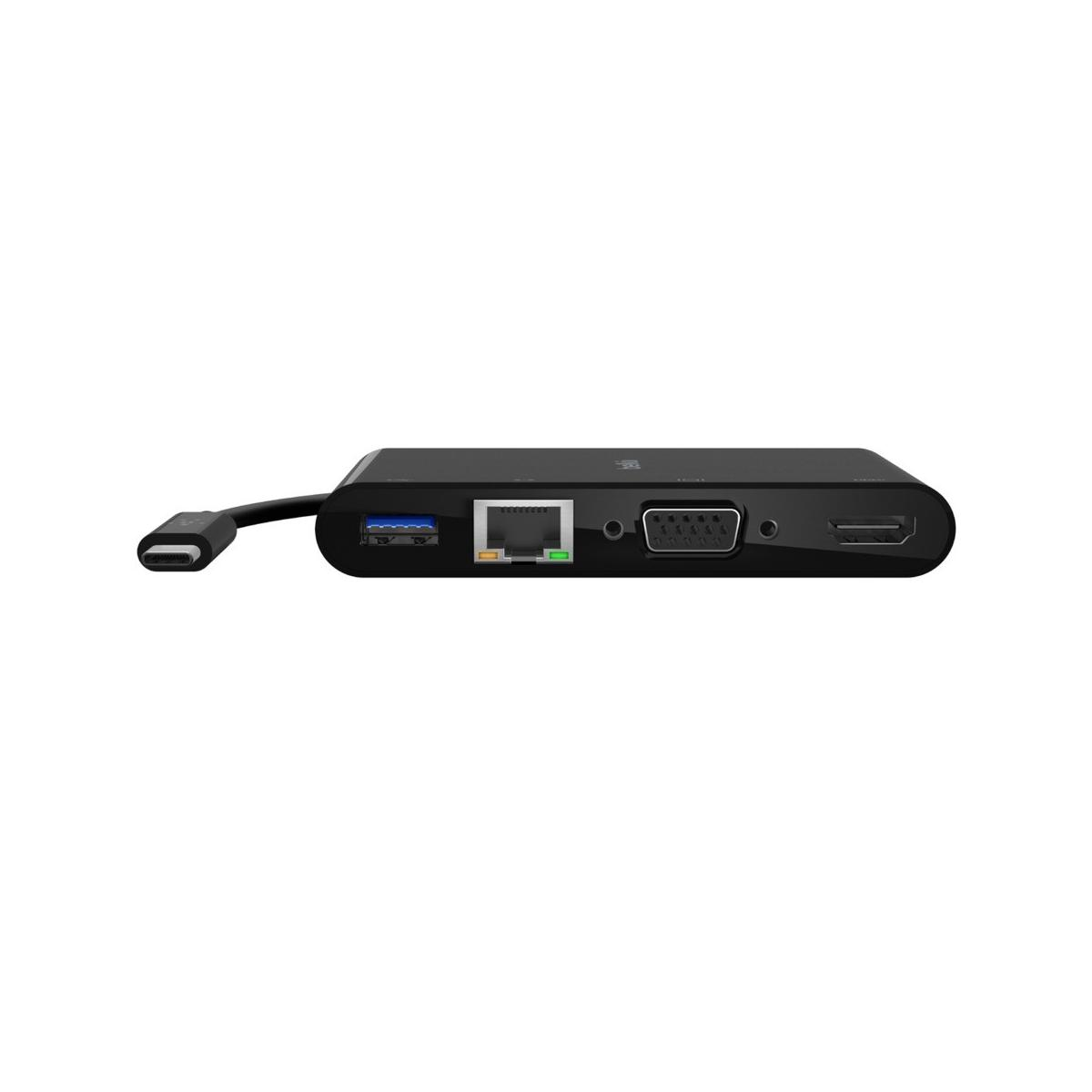 Hub USB-C nero con porte USB-A, Ethernet, VGA e HDMI.