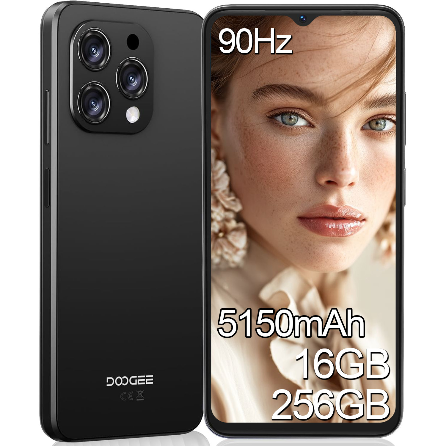 Smartphone nero con 3 fotocamere sul retro e un ritratto sullo schermo.
