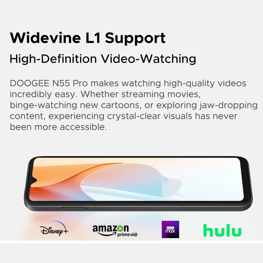 Telefono DOOGEE N55 Pro con loghi di app di streaming: Disney+, Amazon Prime Video, HBO Max, Hulu.