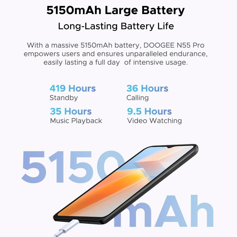Uno smartphone con batteria da 5150mAh, mostra tempi di standby, chiamata, musica e video.