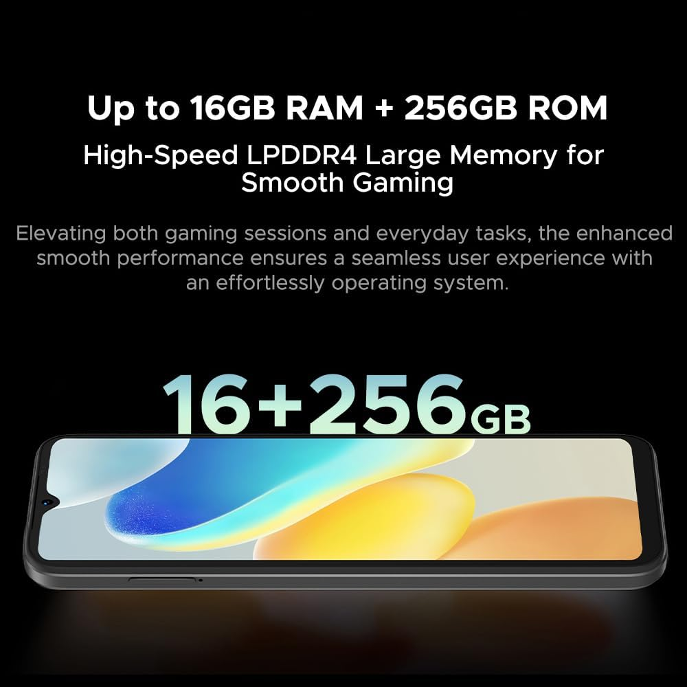 Smartphone con 16GB RAM + 256GB ROM, cornice nera con display colorato.