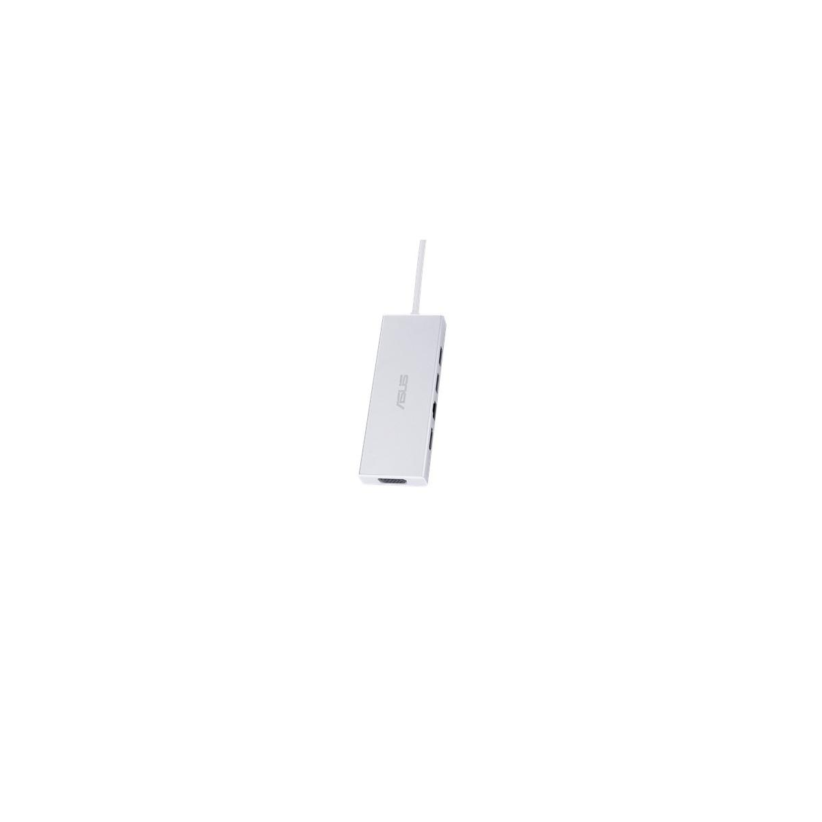 Hub USB-C ASUS argentato con porte HDMI, USB-A e schede SD.
