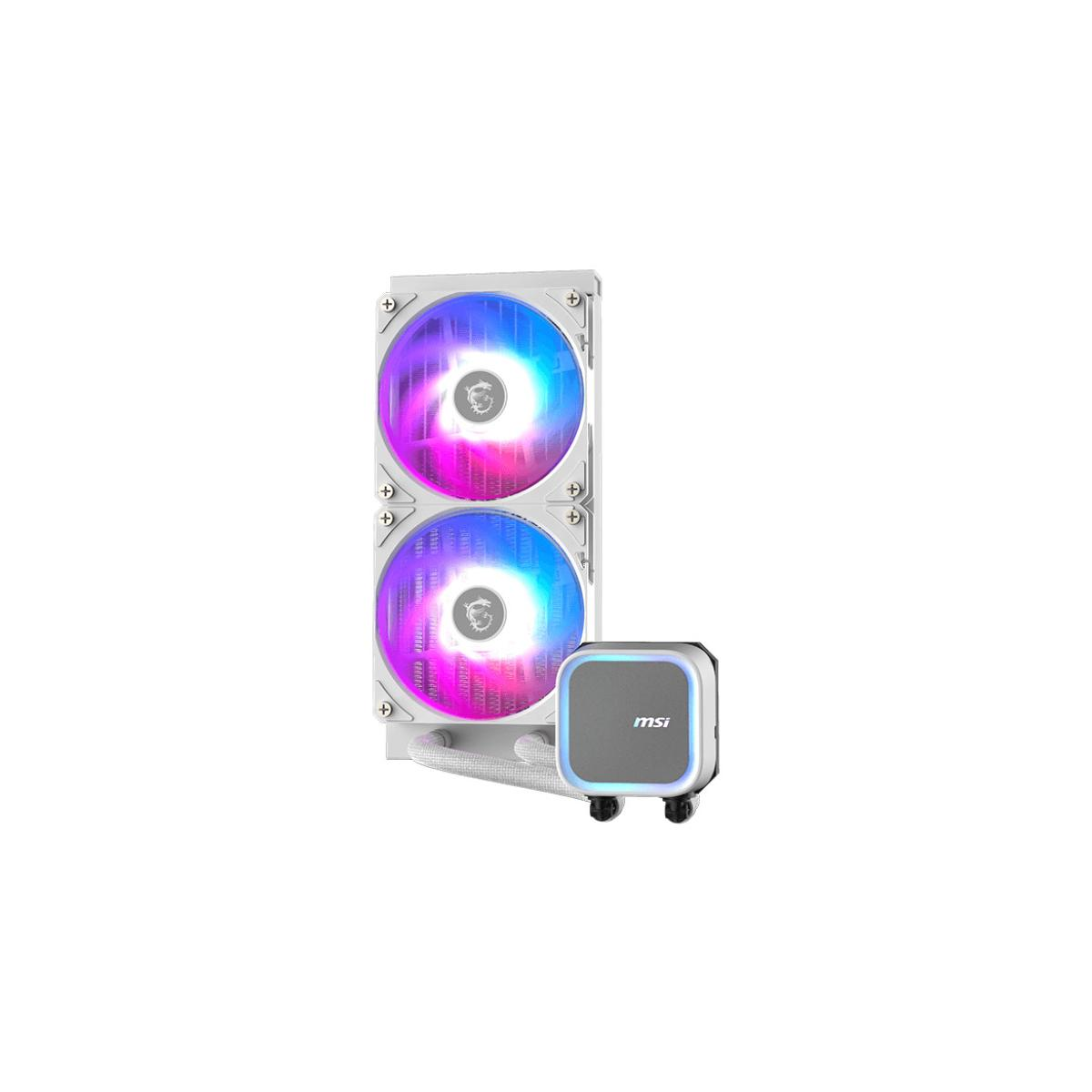 Un refroidisseur de CPU d'ordinateur blanc avec deux ventilateurs RVB et une unité de pompe carrée.