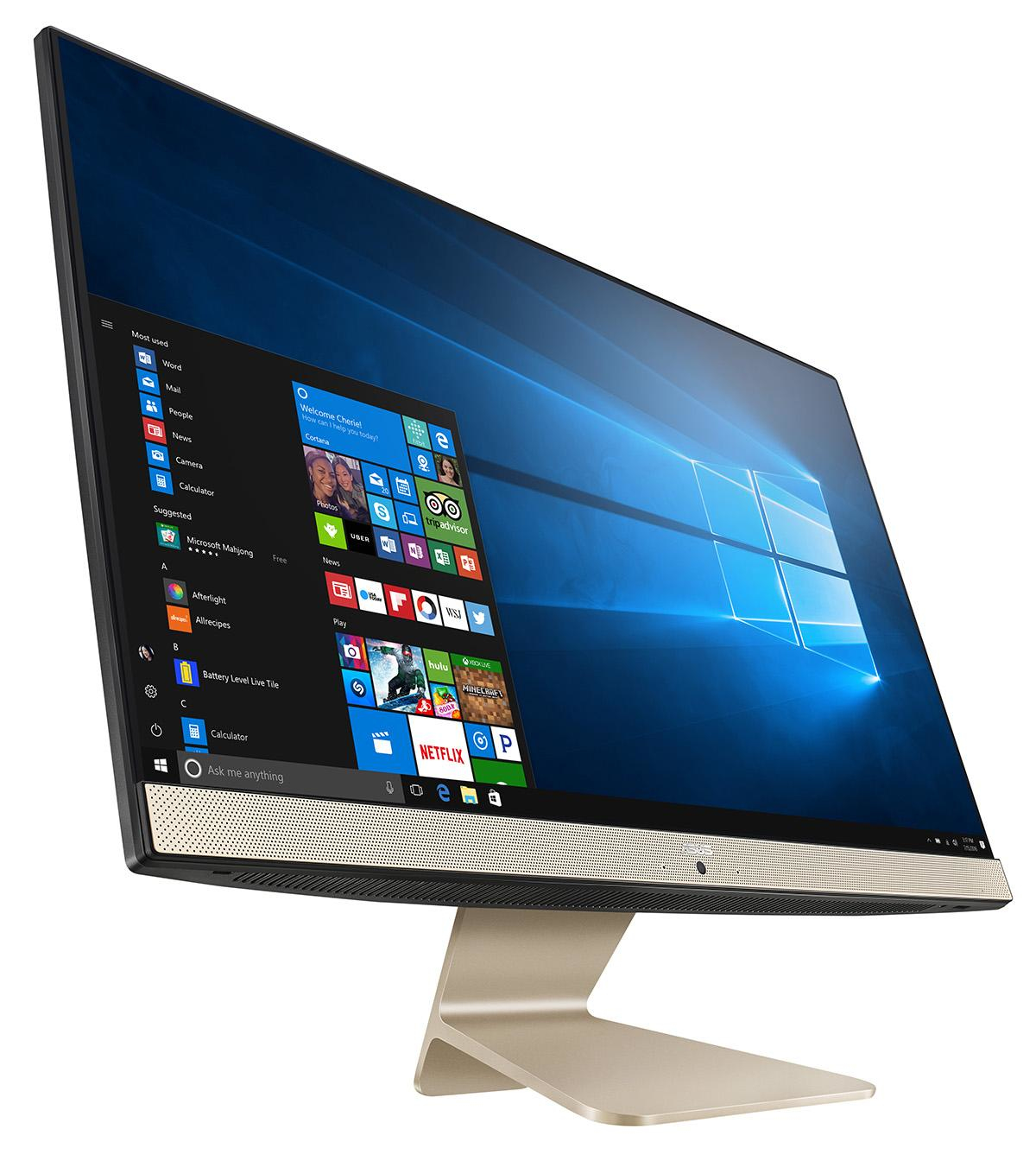 Ein moderner All-in-One-Computer mit großem Bildschirm, der die Windows 10-Oberfläche anzeigt.