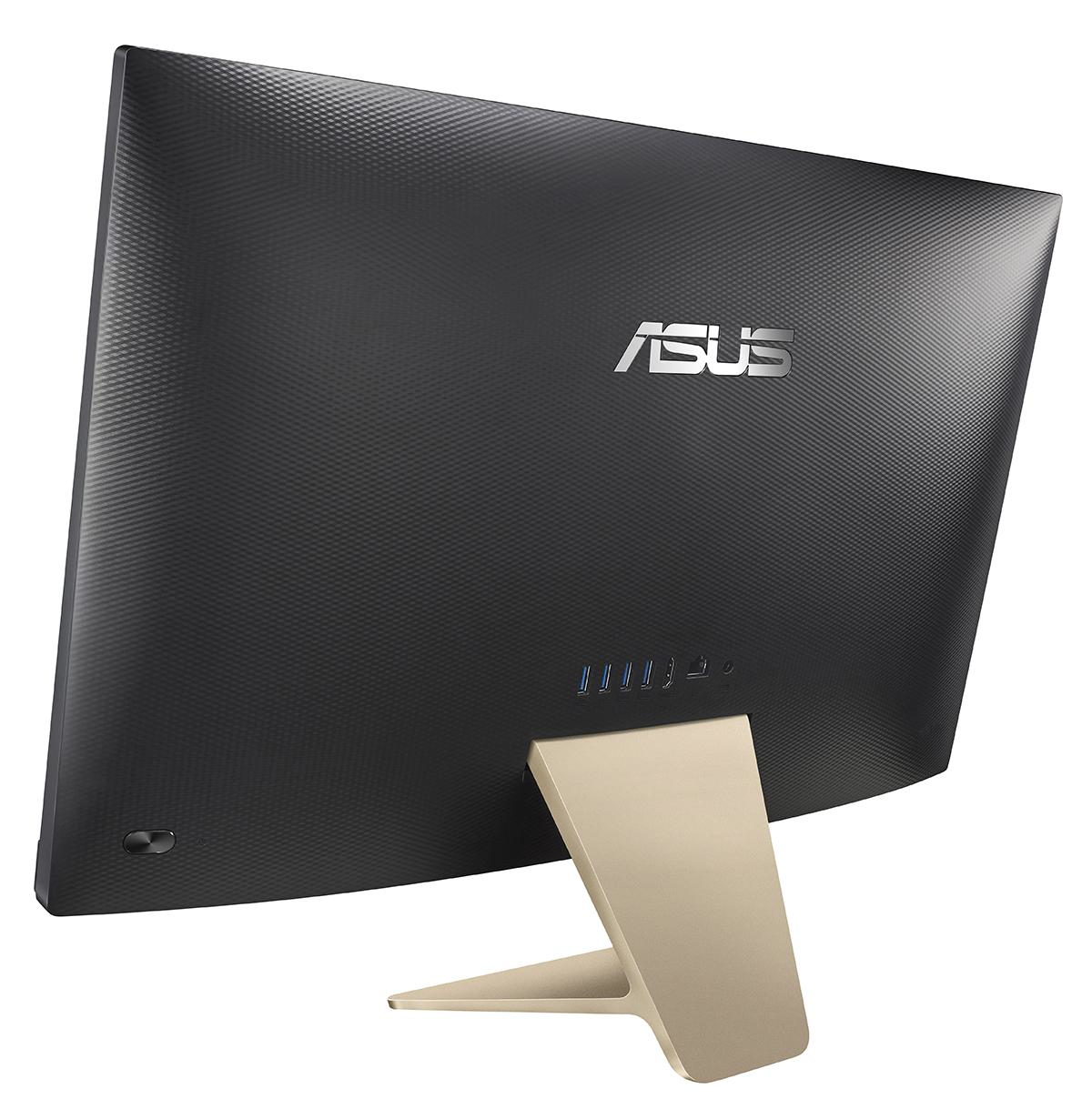 Rückseite eines schwarzen Asus Monitors mit einem goldenen Standfuß und Anschlüssen.