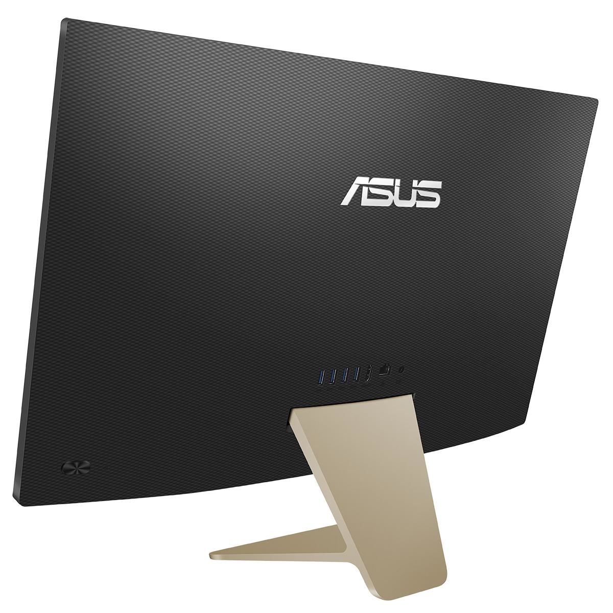 Rückseite eines schwarzen Asus All-in-One-Computers mit silbernem Ständer und Anschlüssen.