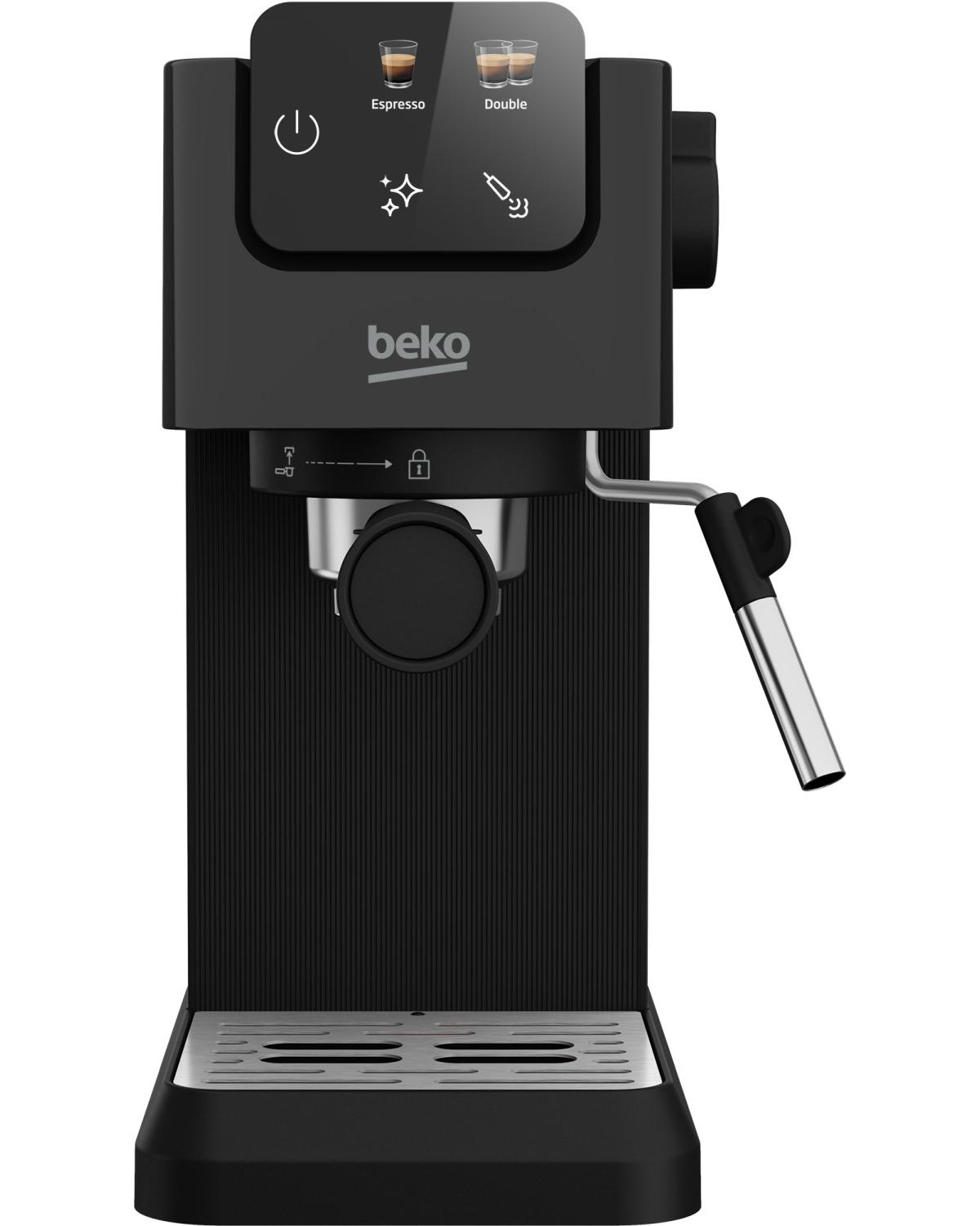 Schwarze Beko Espressomaschine mit silbernen Akzenten und Bedienfeld.