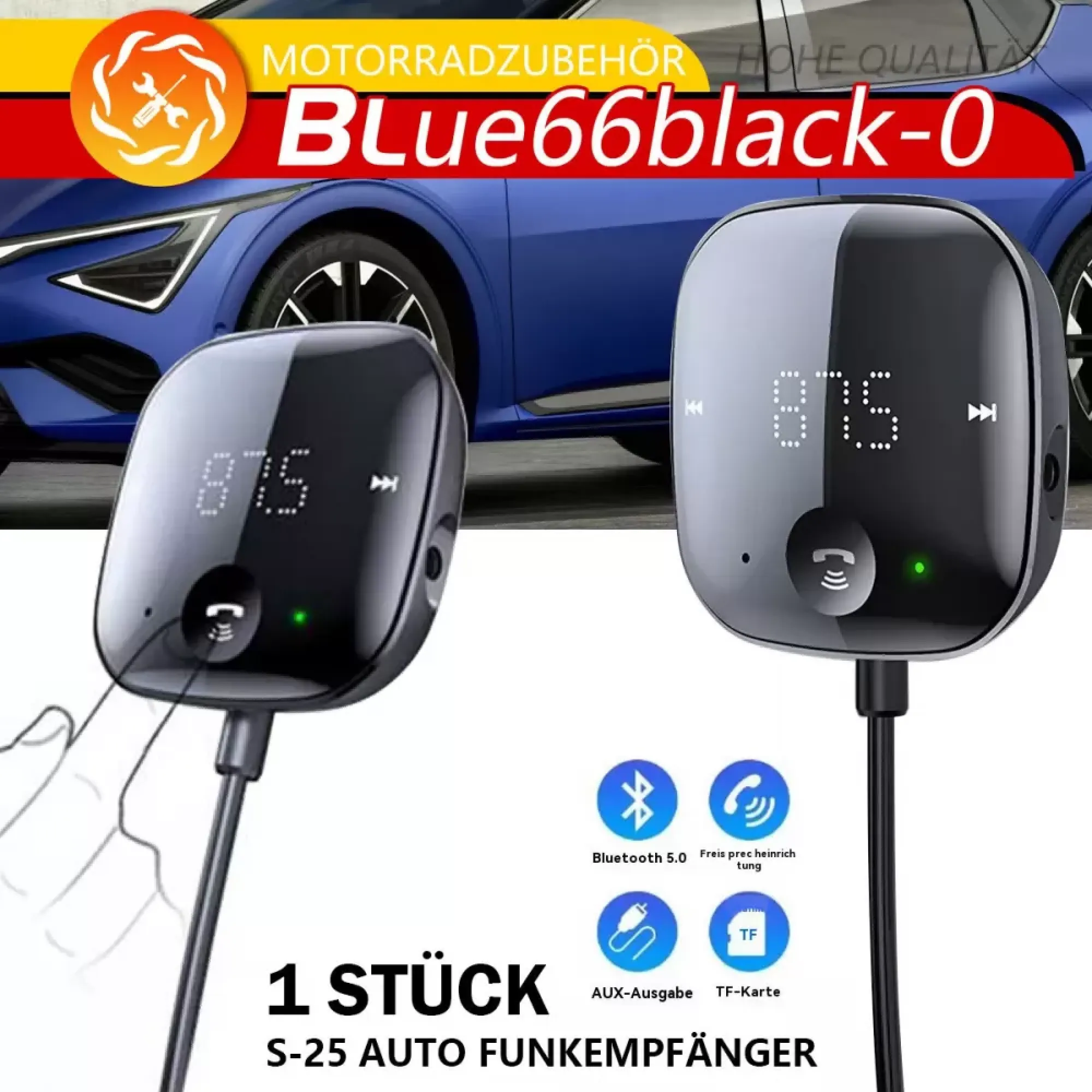 Zwei schwarze Auto-Funkempfänger mit Display und Kabeln vor einem blauen Auto.