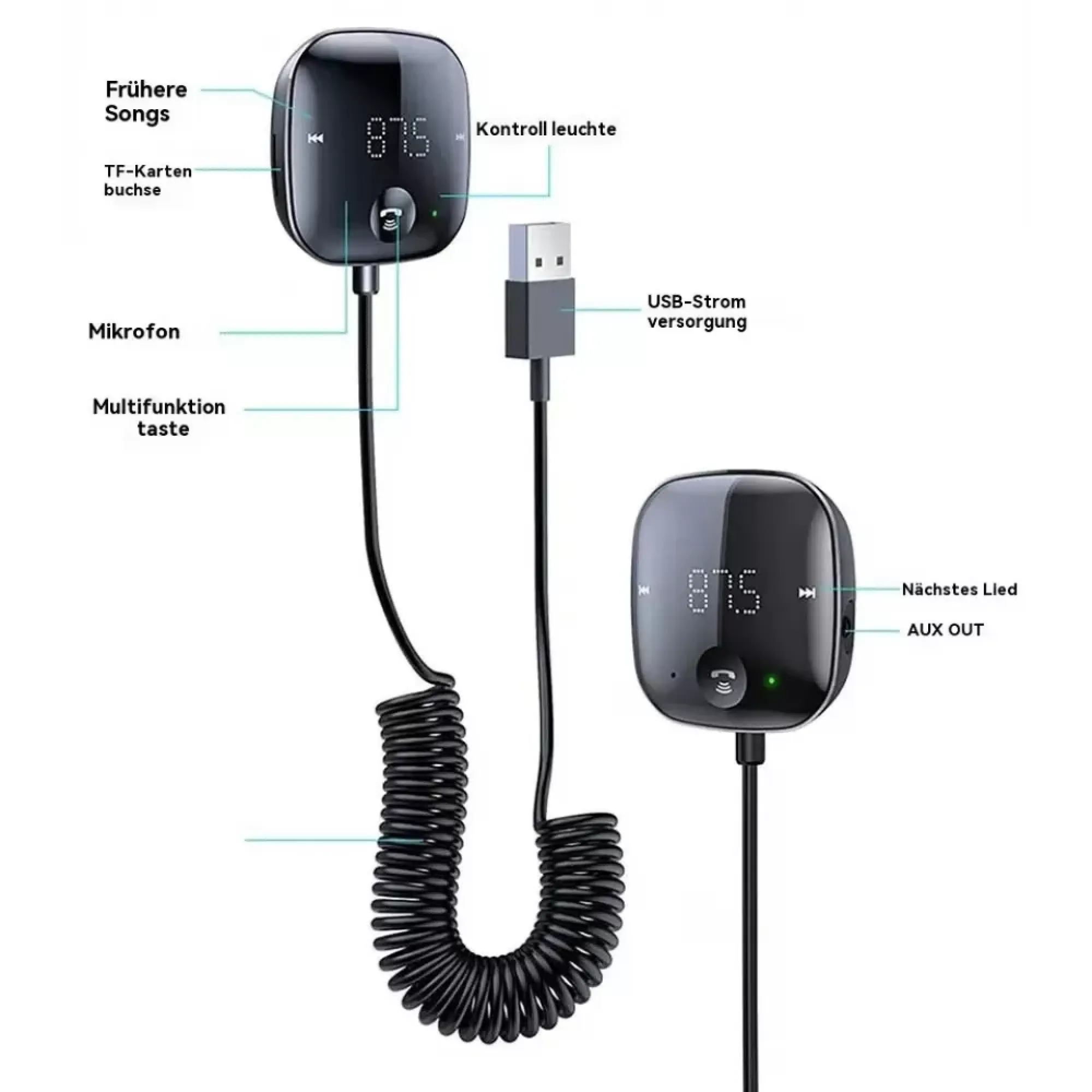 Zwei schwarze Bluetooth-Sender mit digitalen Displays und Kabeln auf weißem Hintergrund.