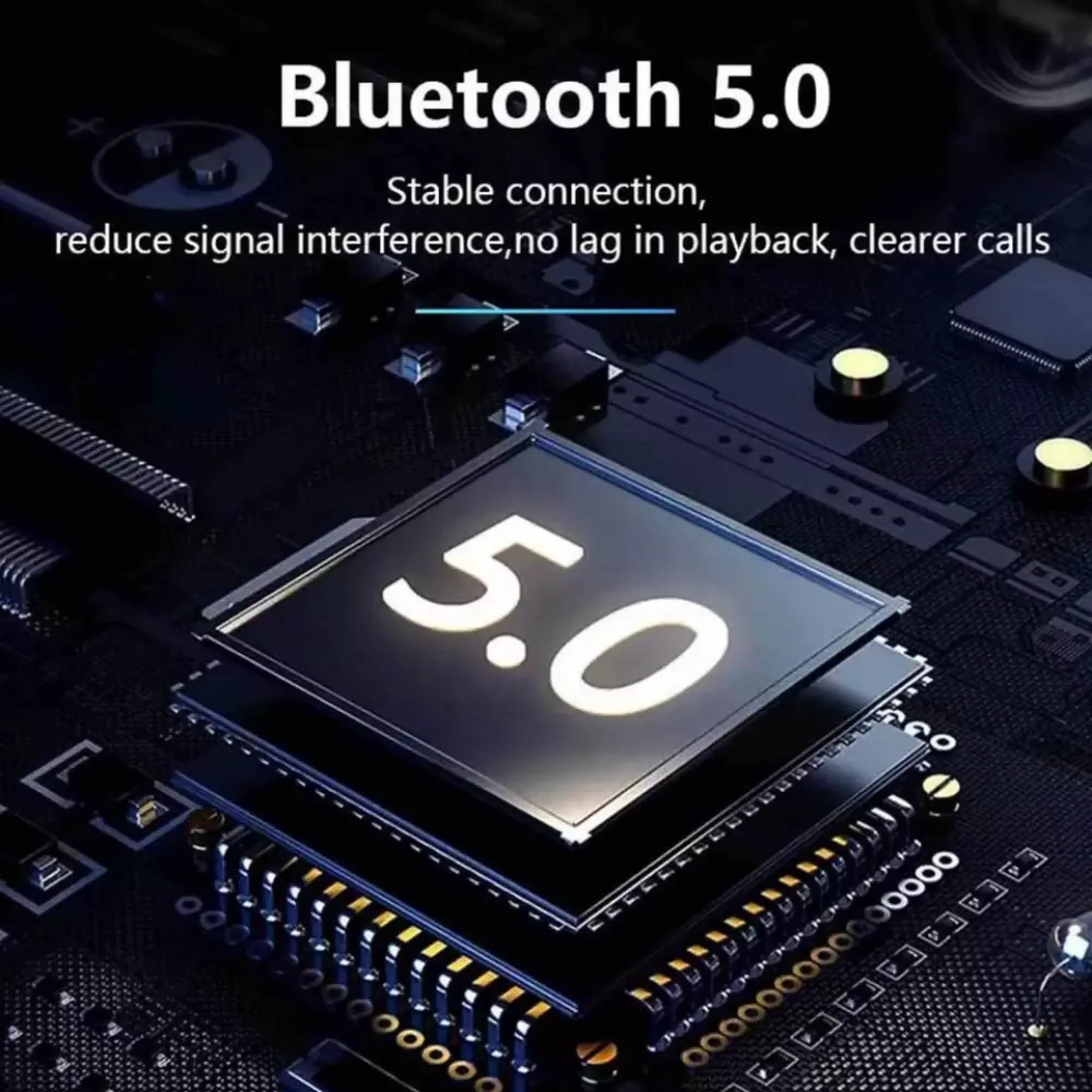 Detailaufnahme einer Computerplatine mit der Aufschrift "Bluetooth 5.0" und Text über stabile Verbindung.