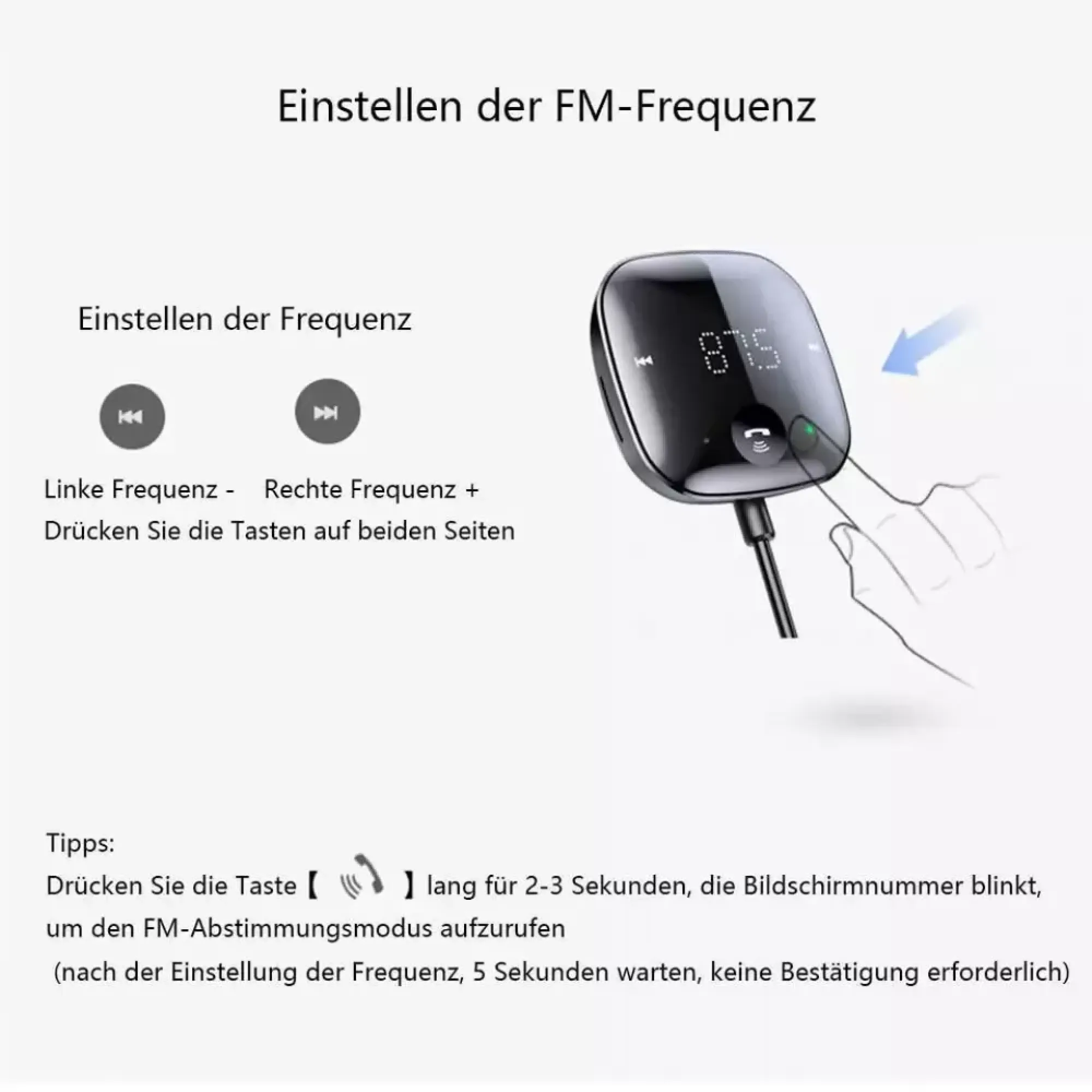 Ein FM-Sender mit Display zeigt 87.5. Ein Finger drückt eine Taste.