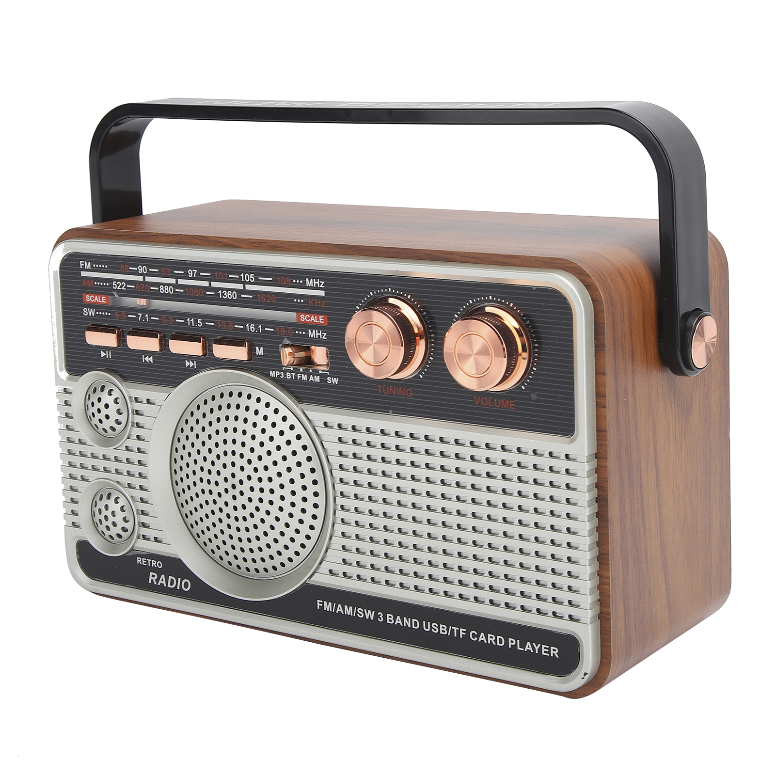 Ein Holzradio mit silberner Vorderseite, zwei Kupferknöpfen und Griff.