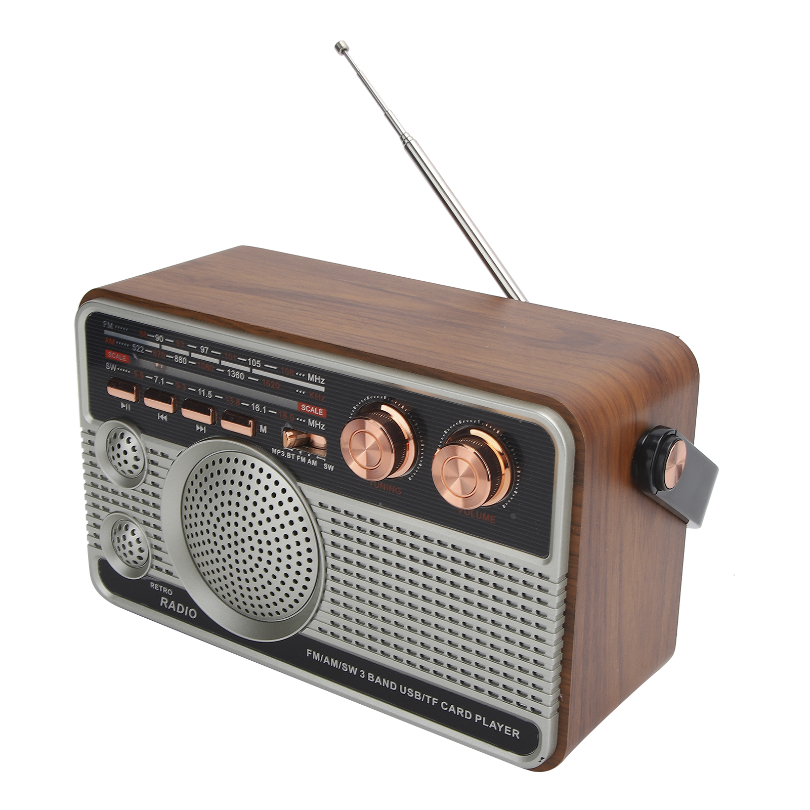 Ein Holzradio mit ausziehbarer Antenne, Lautstärkeregler und Knöpfen.