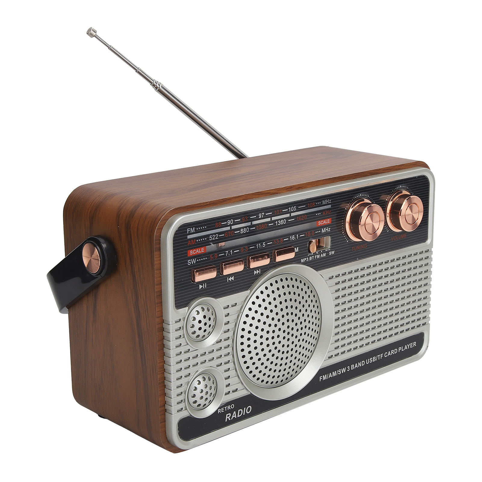 Ein Retro-Radio aus Holz mit silberner Front, Antenne und Bedienelementen.