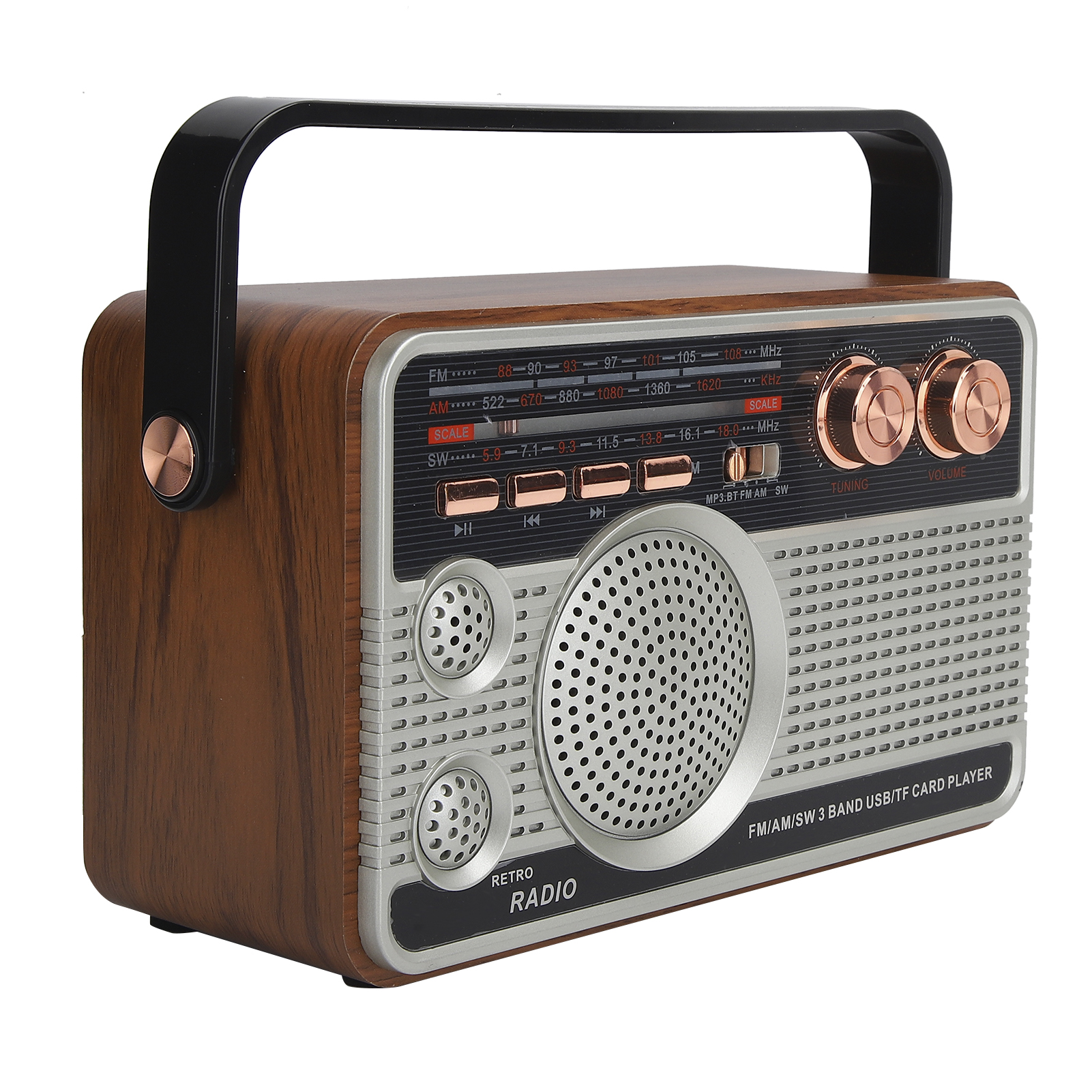 Ein brauner Retro-Radio mit schwarzem Griff, silberner Front und Kupferknöpfen.