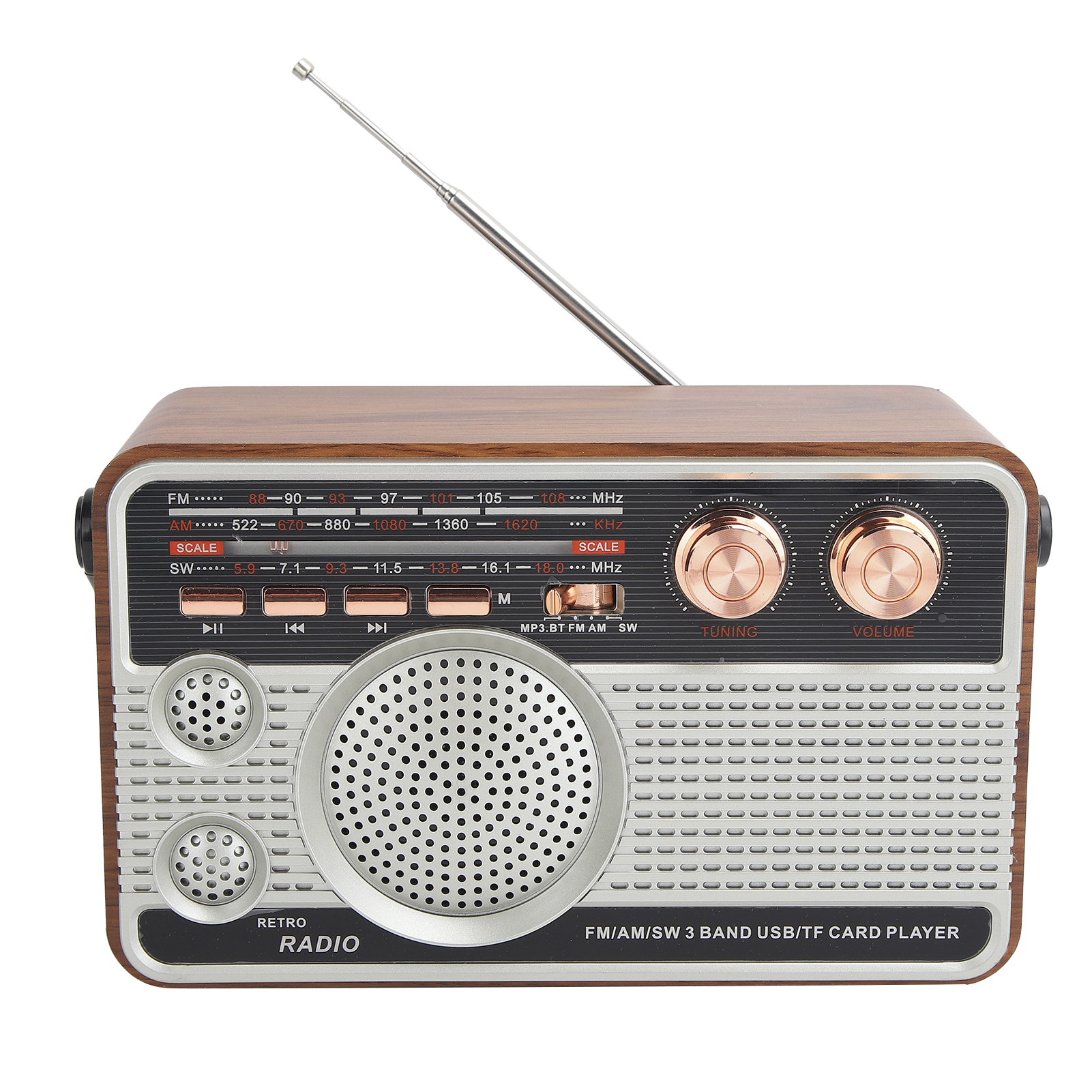 Ein Retro-Holzradio mit silberner Vorderseite, Antenne, Knöpfen und Lautsprecher.