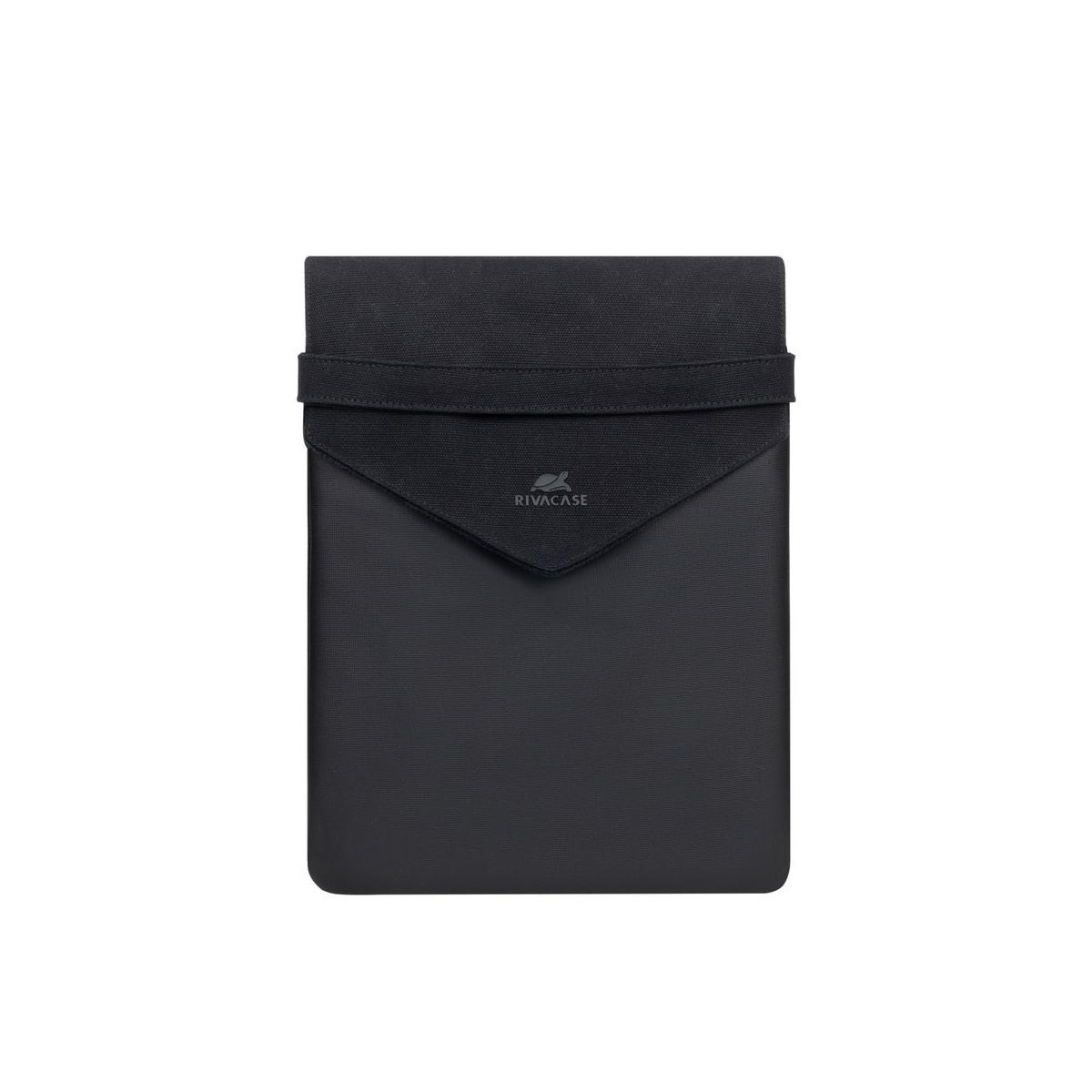 Czarna torba na laptop z materiałową klapką i logo RIVACASE.