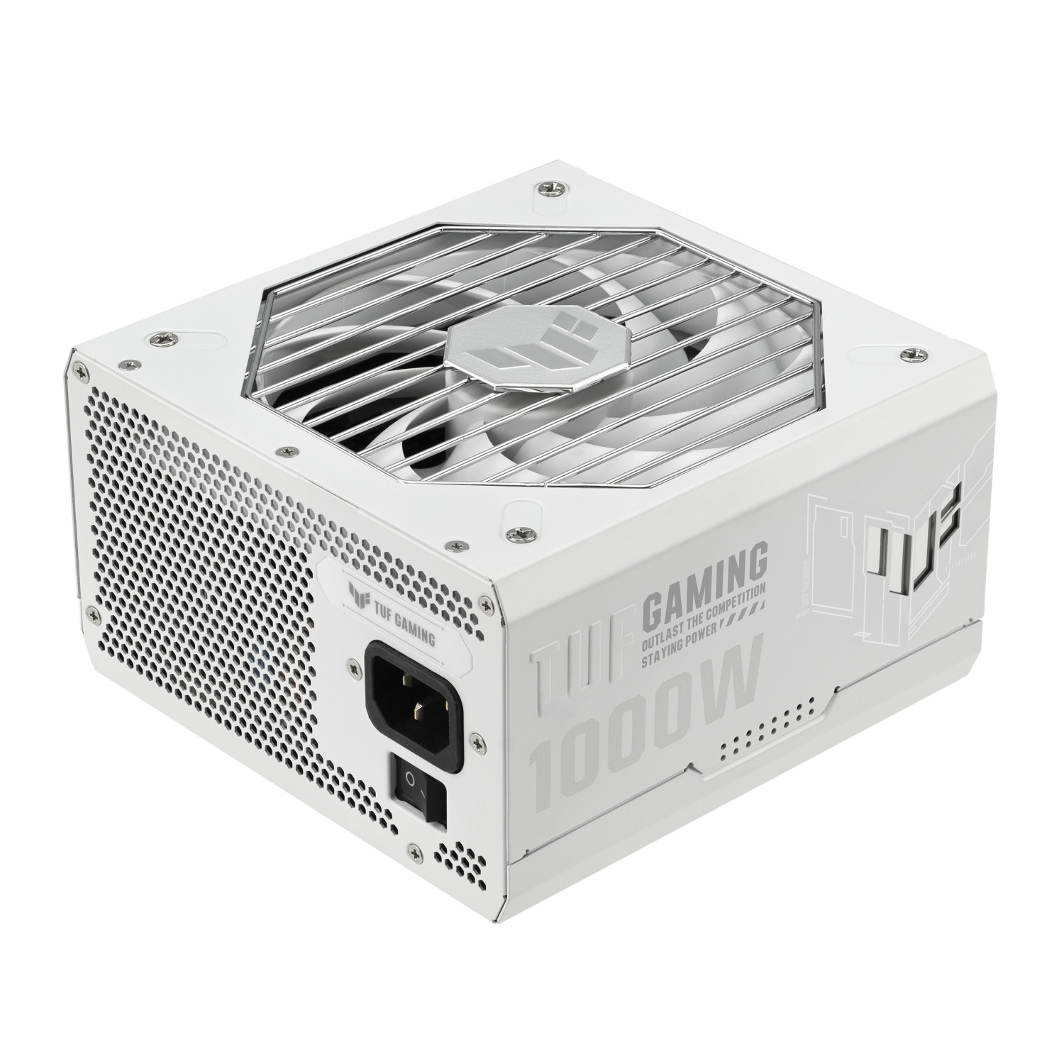 White TUF Gaming 1000W power supply with fan grill and power switch.