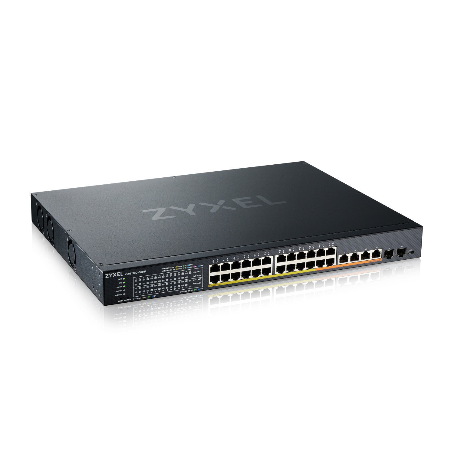 Un commutateur réseau Zyxel noir avec de nombreux ports et LED.