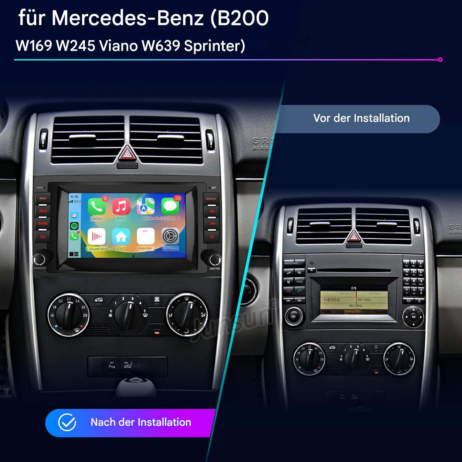 Vergleich zweier Mercedes-Benz Armaturenbretter: Alt vs. Neu mit Touchscreen.