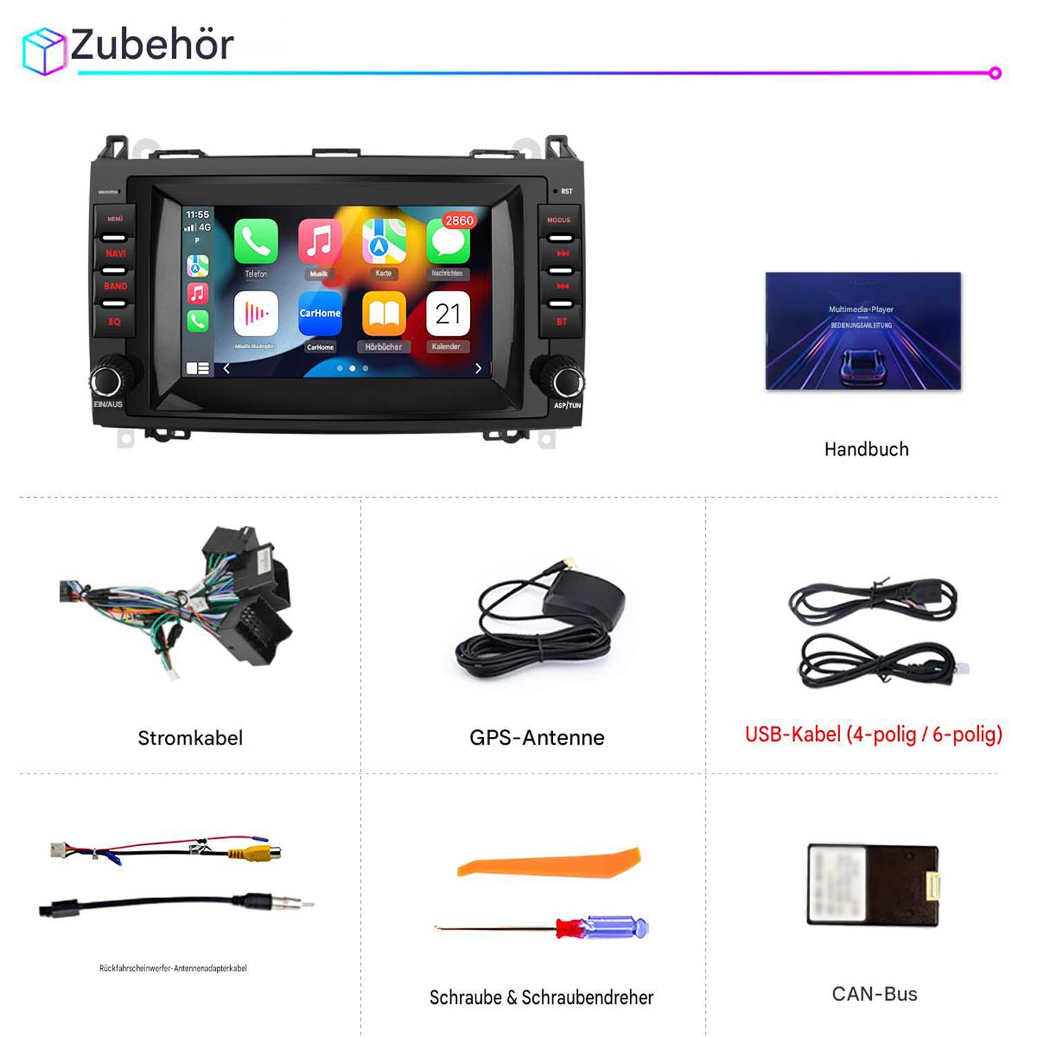 Auto-Multimedia-System mit verschiedenen Kabeln und Werkzeugen, inkl. Strom-, GPS- und USB-Kabel.