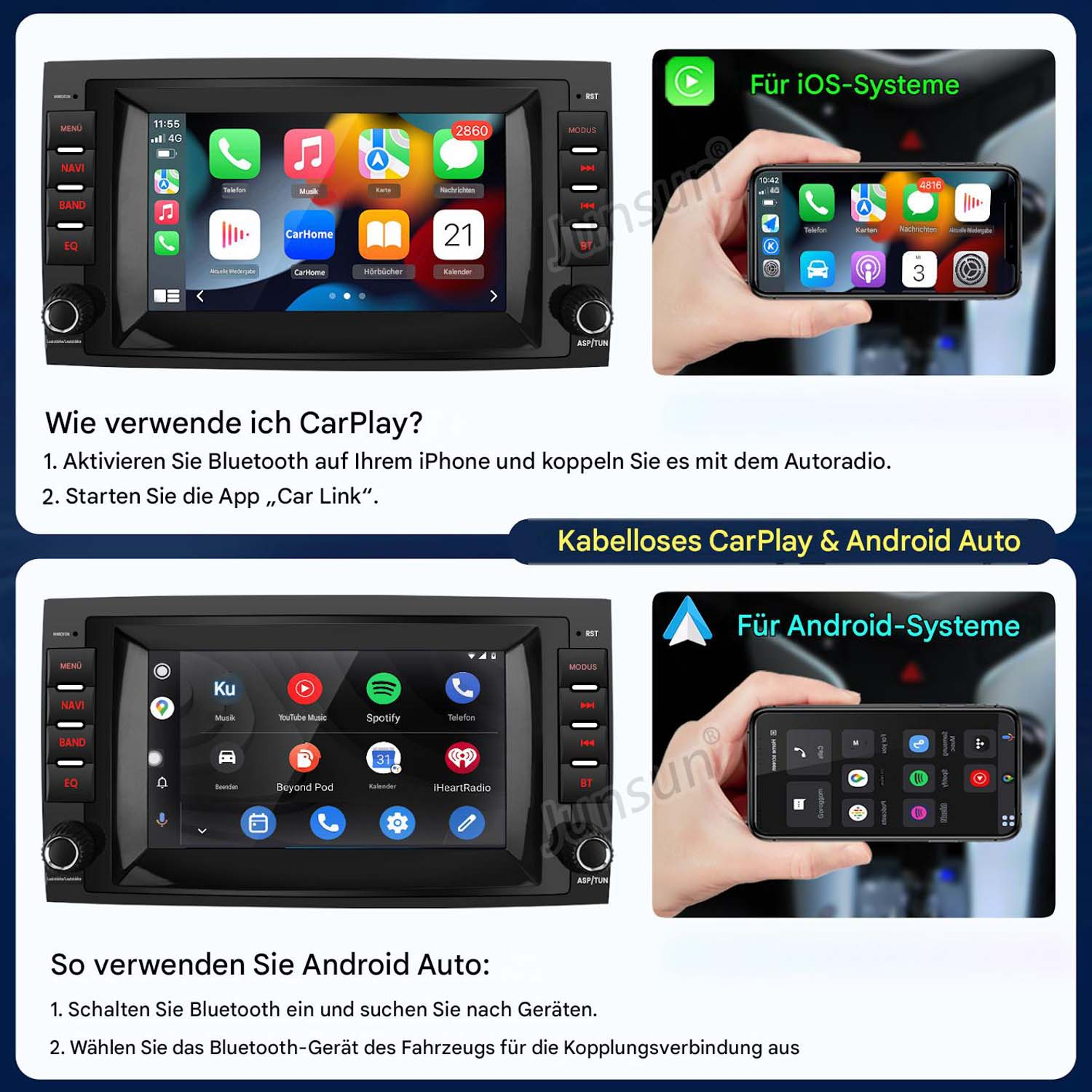 Zwei Infografiken: CarPlay für iOS und Android Auto für Android-Systeme.