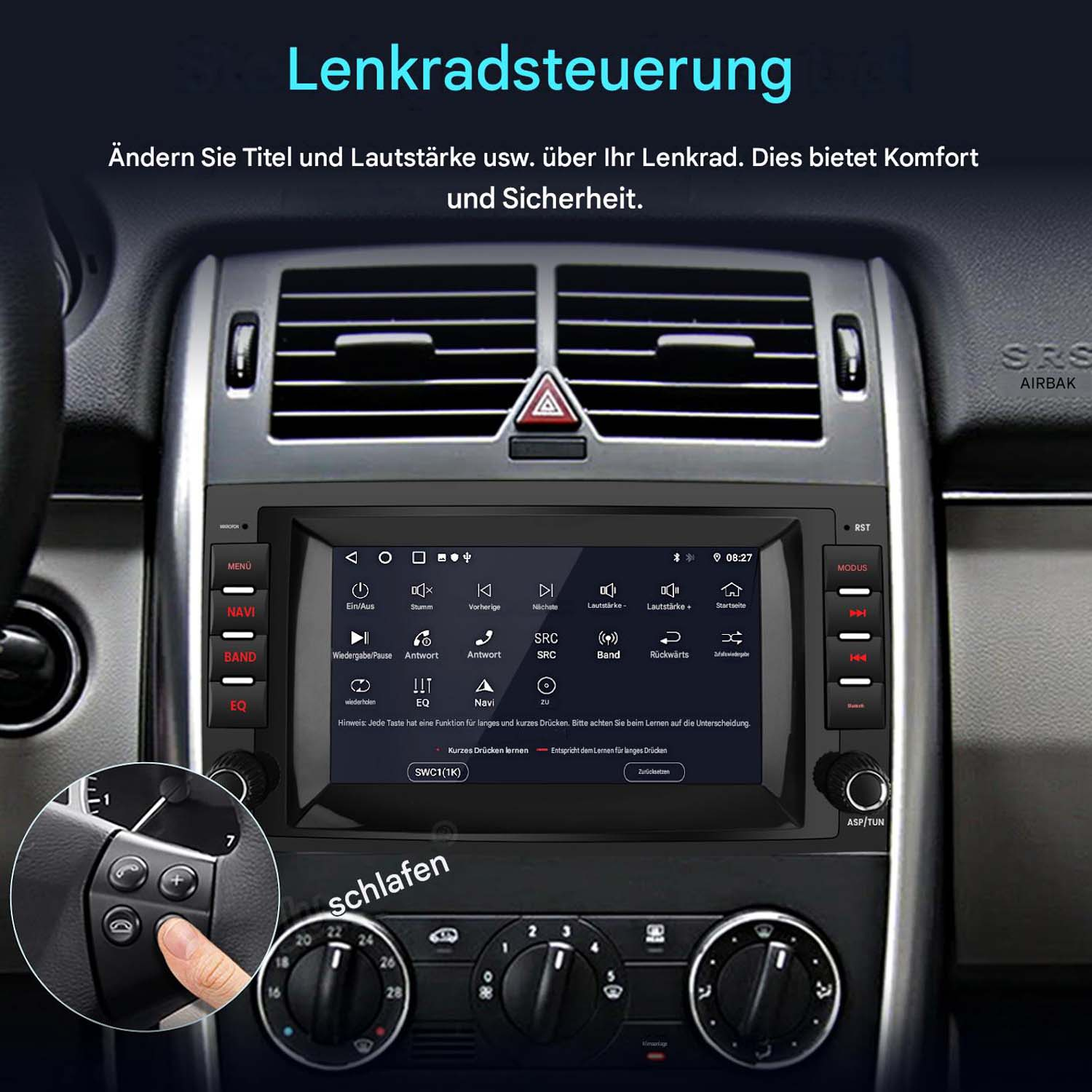 Ein Finger drückt eine Taste auf dem Lenkrad eines Autos, das Infotainmentsystem ist aktiv.