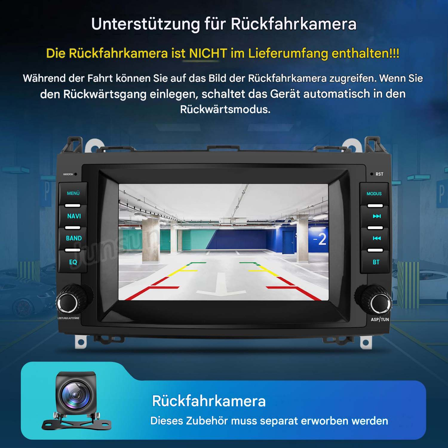 Ein Autoradio zeigt eine Rückfahrkamera-Ansicht eines Parkhauses.