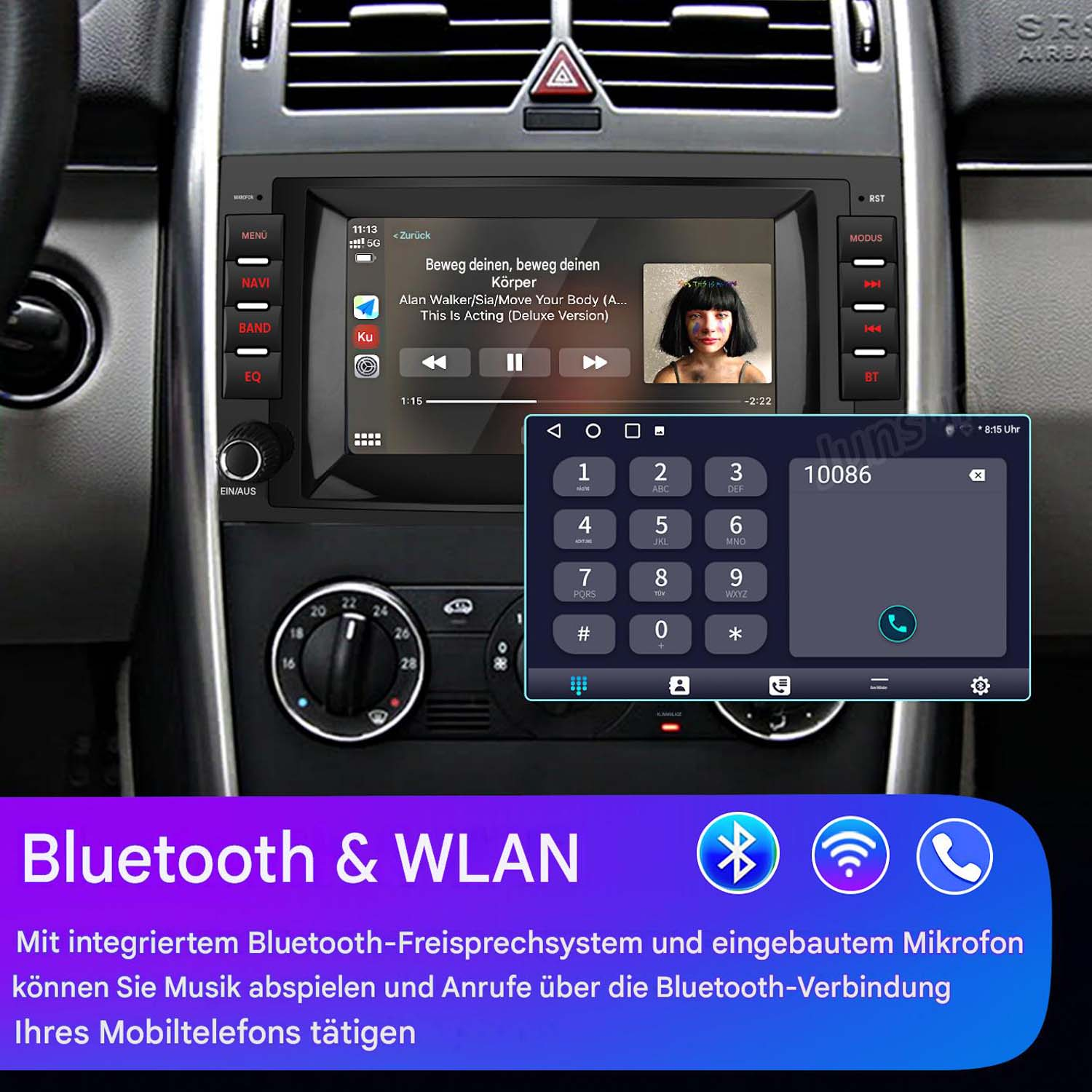 Ein Autoradio-Touchscreen zeigt Musik und Telefon-App. Unten ist Text zu Bluetooth & WLAN.