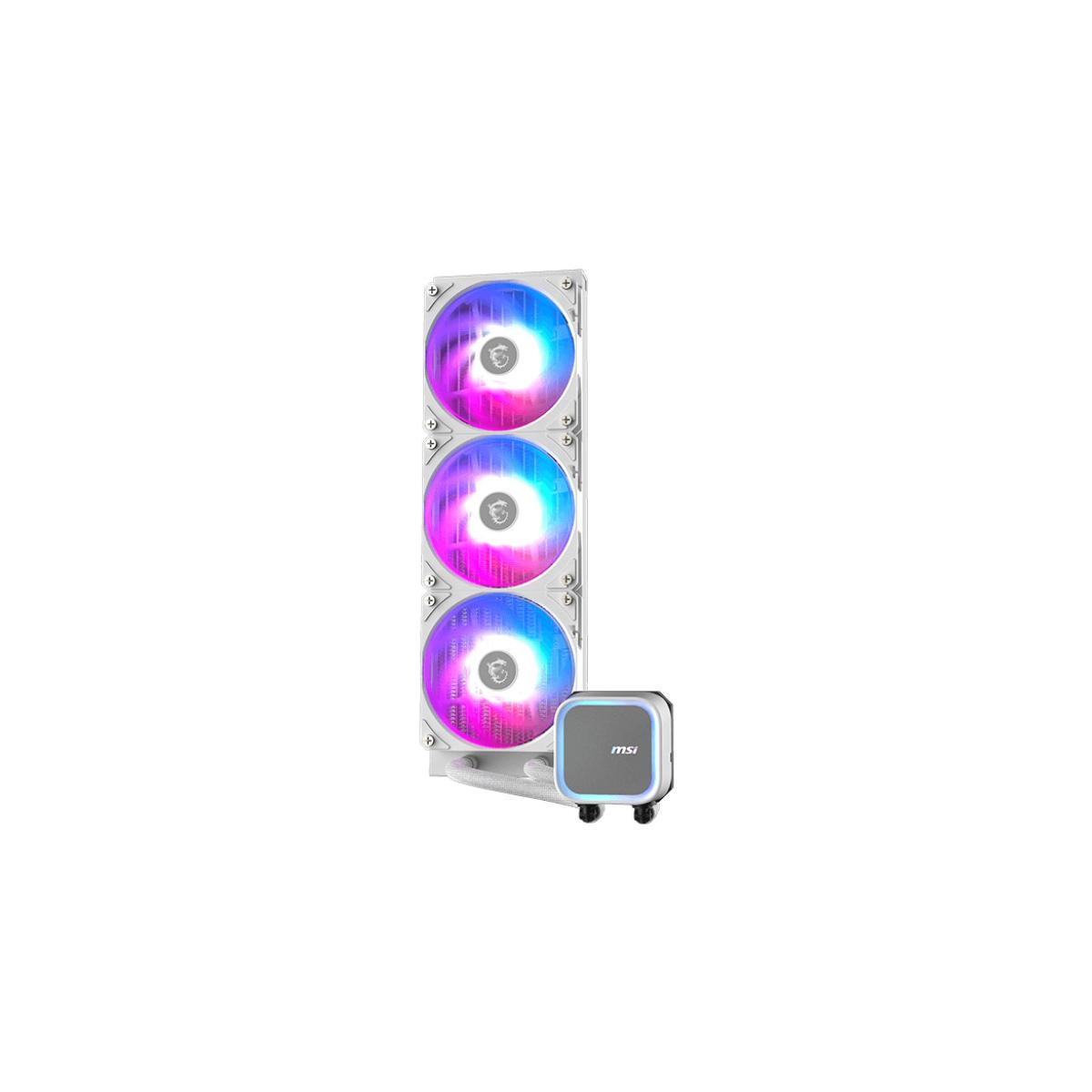 A white CPU cooler with three RGB fans and a small pump unit.