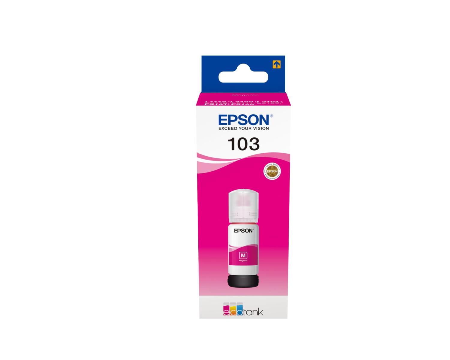 Butelka tuszu Epson 103 EcoTank Magenta w opakowaniu.