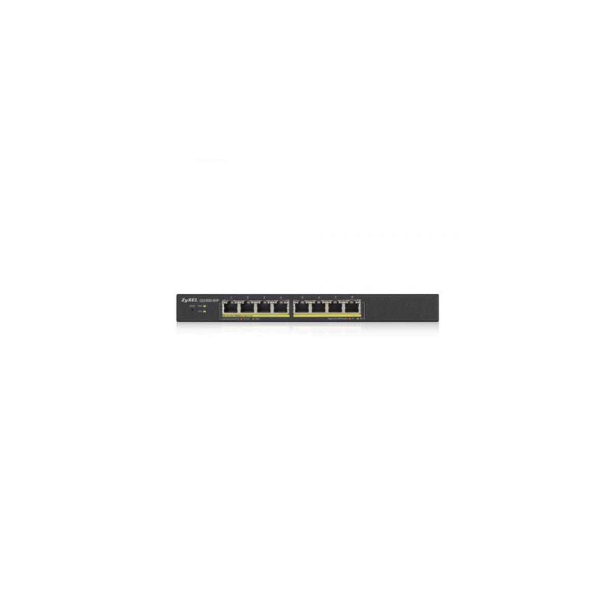 A black network switch with eight Ethernet ports and indicator lights.