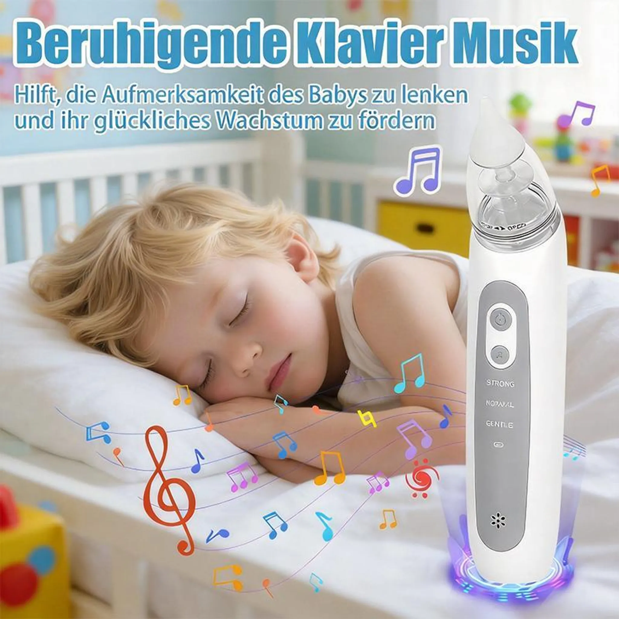 Ein schlafendes Baby neben einem Musiknote-Dekor und einem Nasensauger.