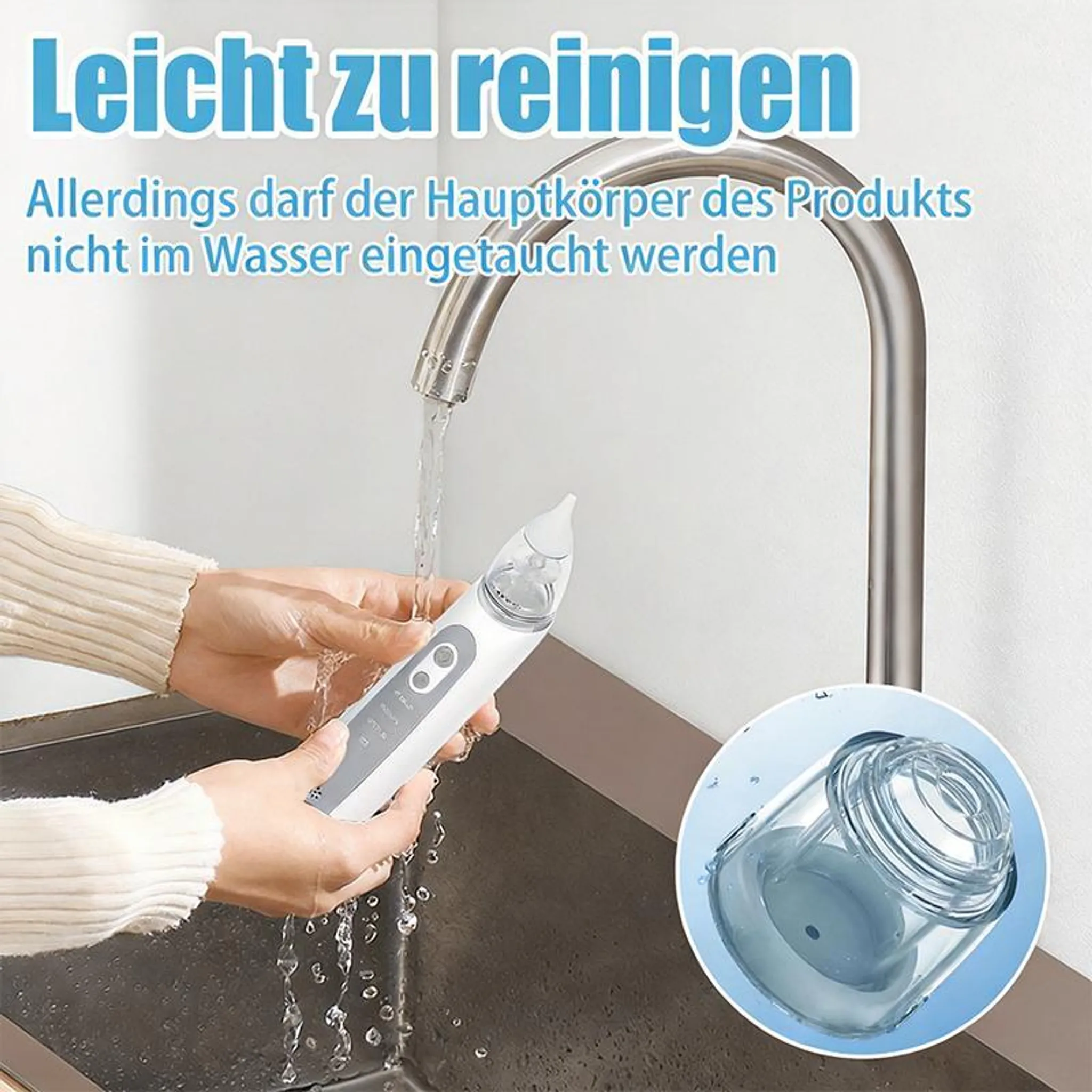 Ein weißer Nasensauger wird unter fließendem Wasser gehalten. Ein Glasbehälter ist zu sehen.