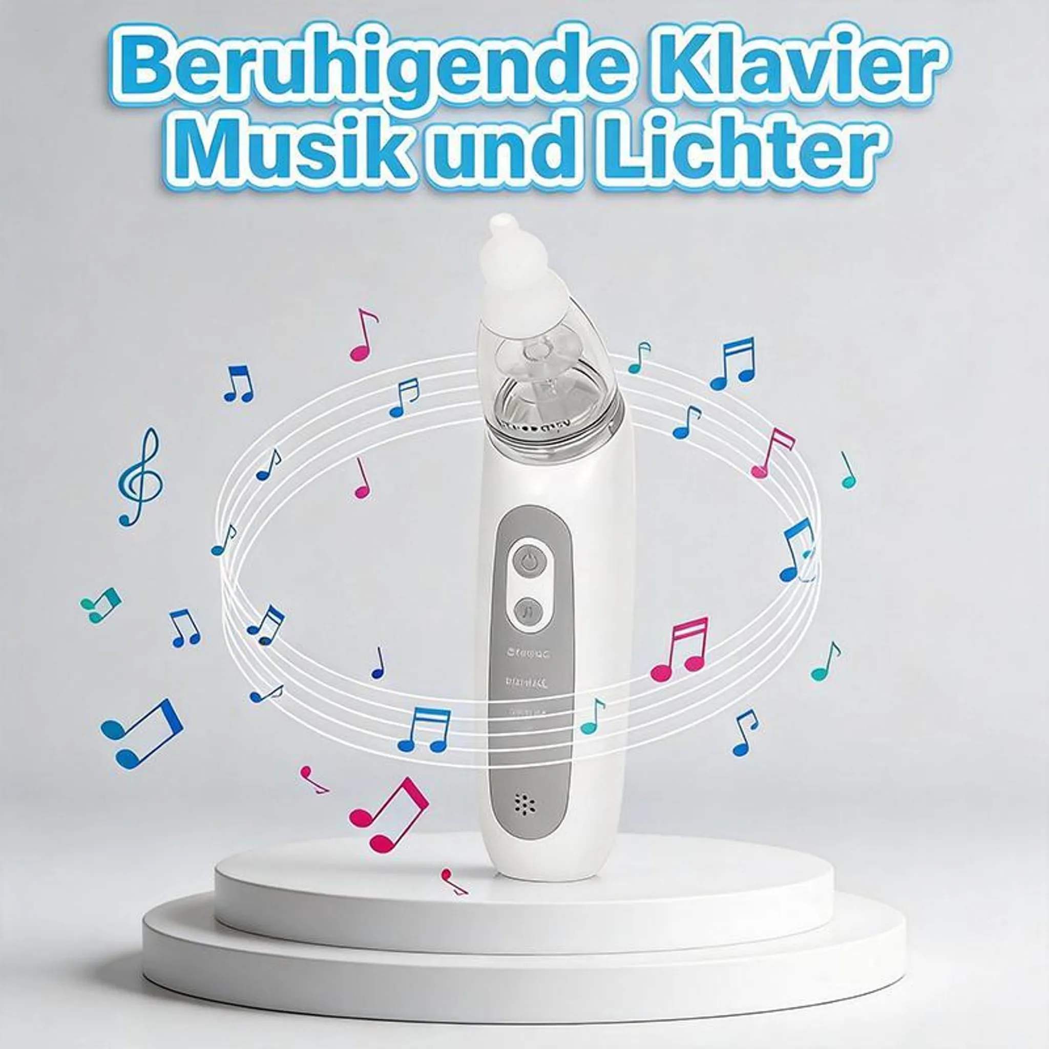 Ein weißes Gerät mit Musiknoten und Text in blauer Schrift.