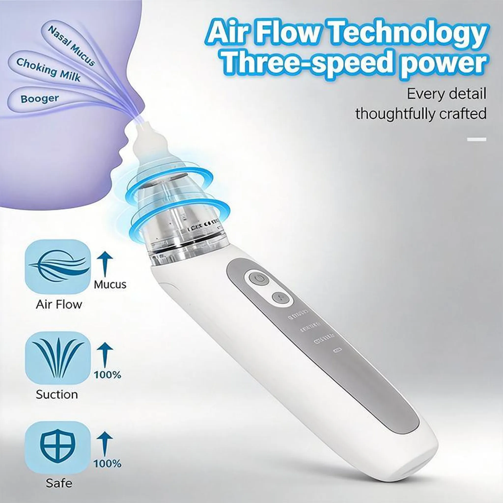 Ein Nasensauger mit drei Geschwindigkeitsstufen und Air-Flow-Technologie.