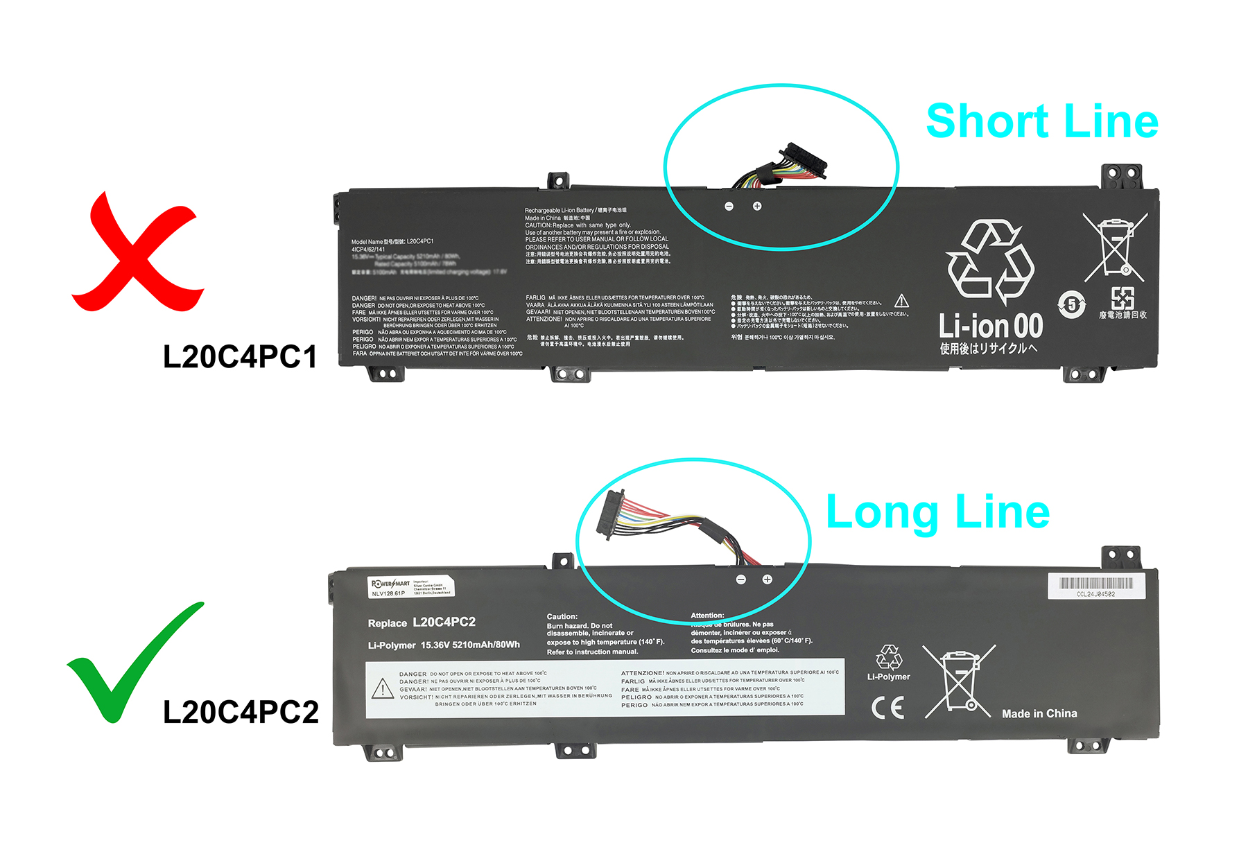 Zwei Laptop-Akkus: L20C4PC1 mit rotem X, L20C4PC2 mit Häkchen.