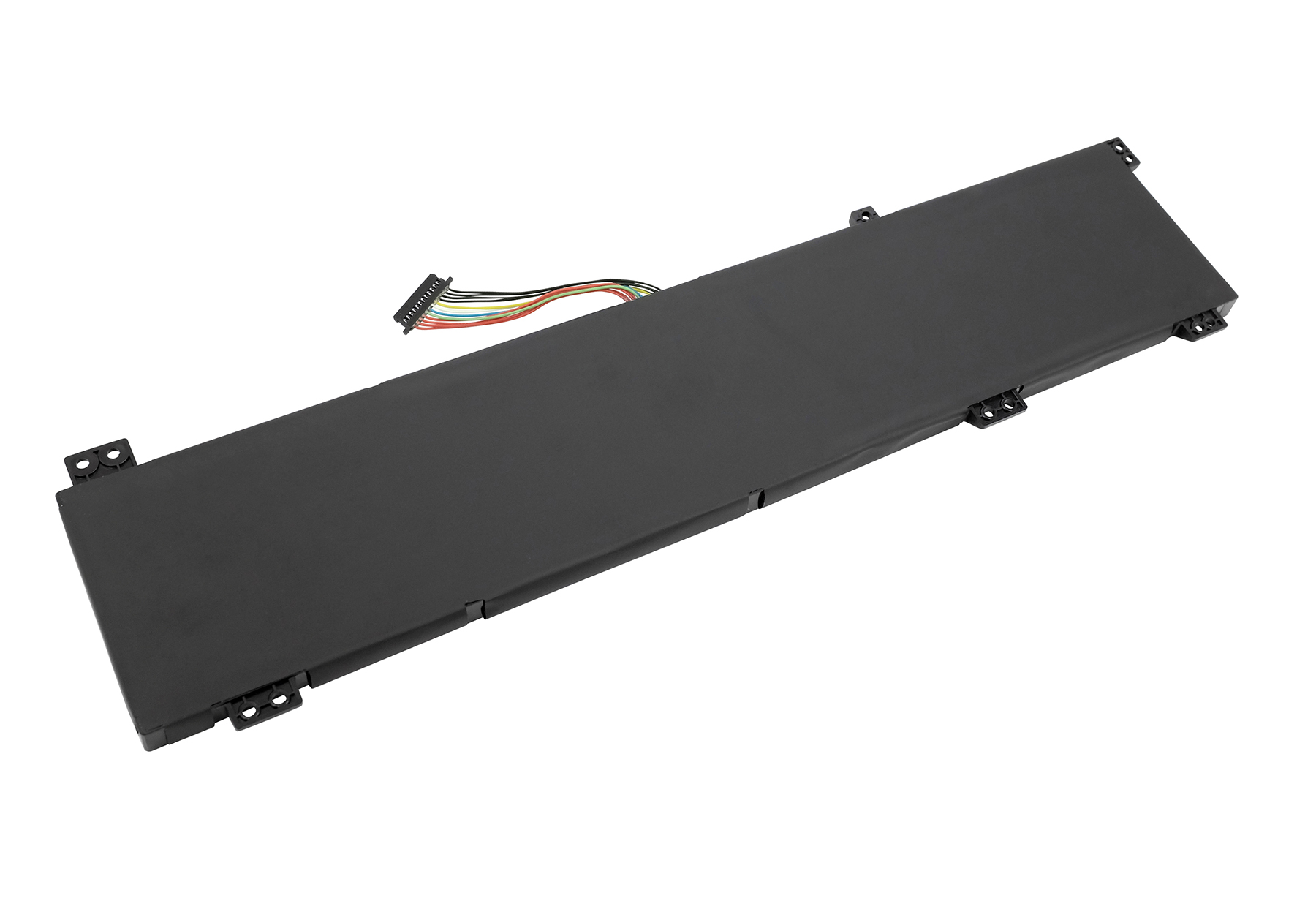 Schwarzer Laptop-Akku mit buntem Kabelstrang und Anschlüssen.